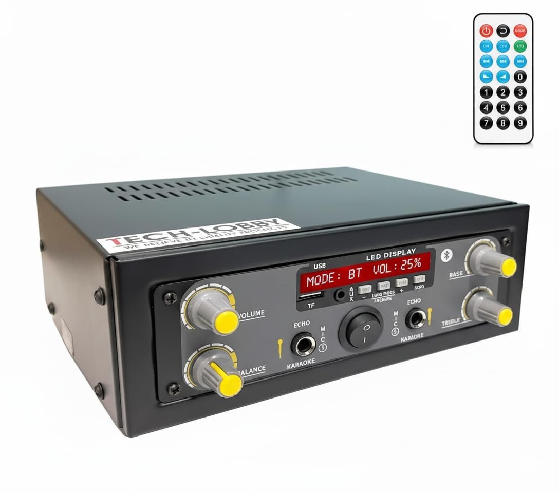 Tech-Unique Stereo Amplifier with Big LED Display/Bluetooth/2 MIC Input/USB/SD Card Slot/FM Radio/AUX Input/Remote Control & Built-in Equalizer with Bass, Treble & Balance Control (039 PRO)