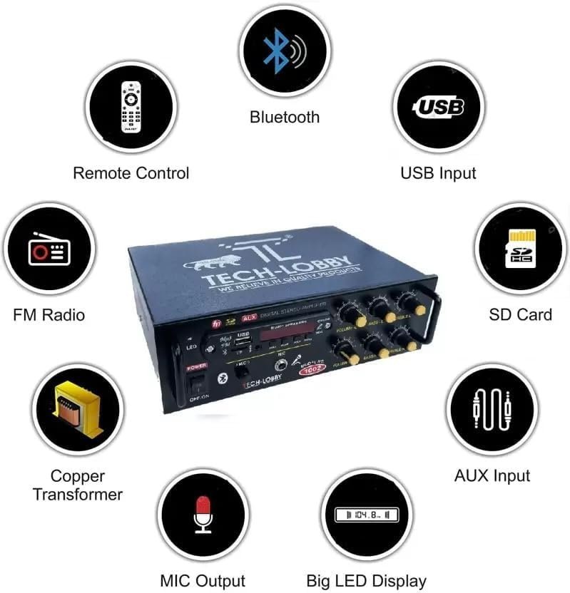 Tech-lobby® Sterio Sound Amplifier with 1 Mic Karaoke USB,AUX,MIC,BLUTHOOTH,AV,2RC-Build in BLUTHOOTH with 4440 Double IC Circuit Power AV Amplifiers Perfect for Home and Outdoor Function. - Image 8
