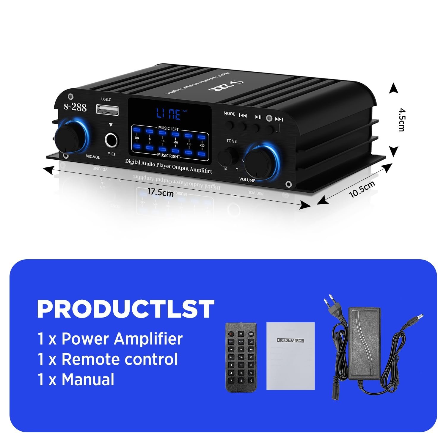 okanemoqi Aluminum 4.1 CH Stereo Amplifier, Bluetooth 5.0 Receiver, 600 W Amplifier Home Audio, HiFi Amp 45Wx4 with Microphone/USB for Home Theater with Remote Control and Power Adapter - Image 2