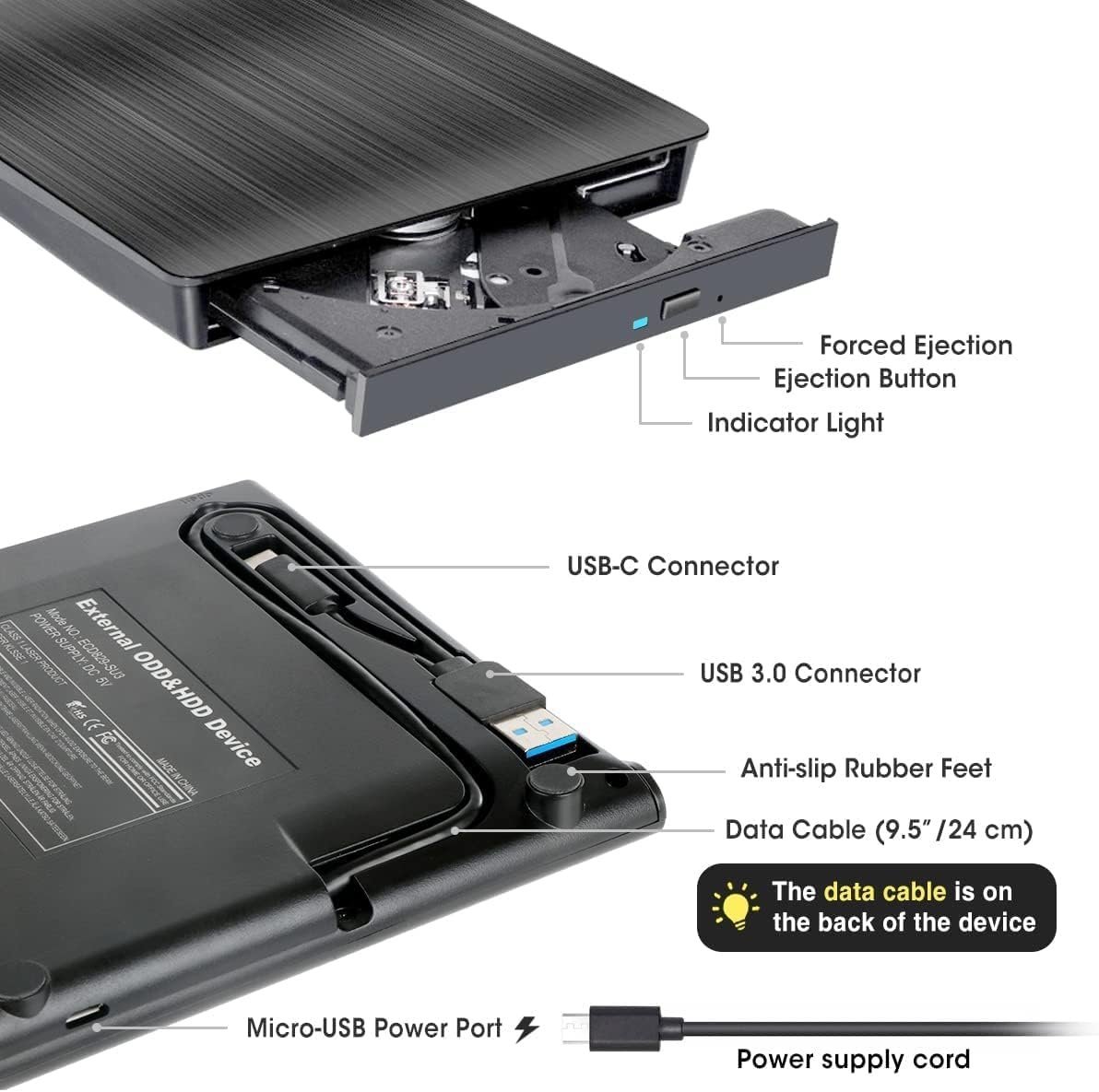 Ruhza External CD/DVD Drive for Laptop USB 3.0 CD/DVD Player Portable CD DVD +/-RW BurnerROM Reader Rewriter Writer Disk Drive Compatible with Laptop Desktop PC Windows MakBook (Black) - Image 7