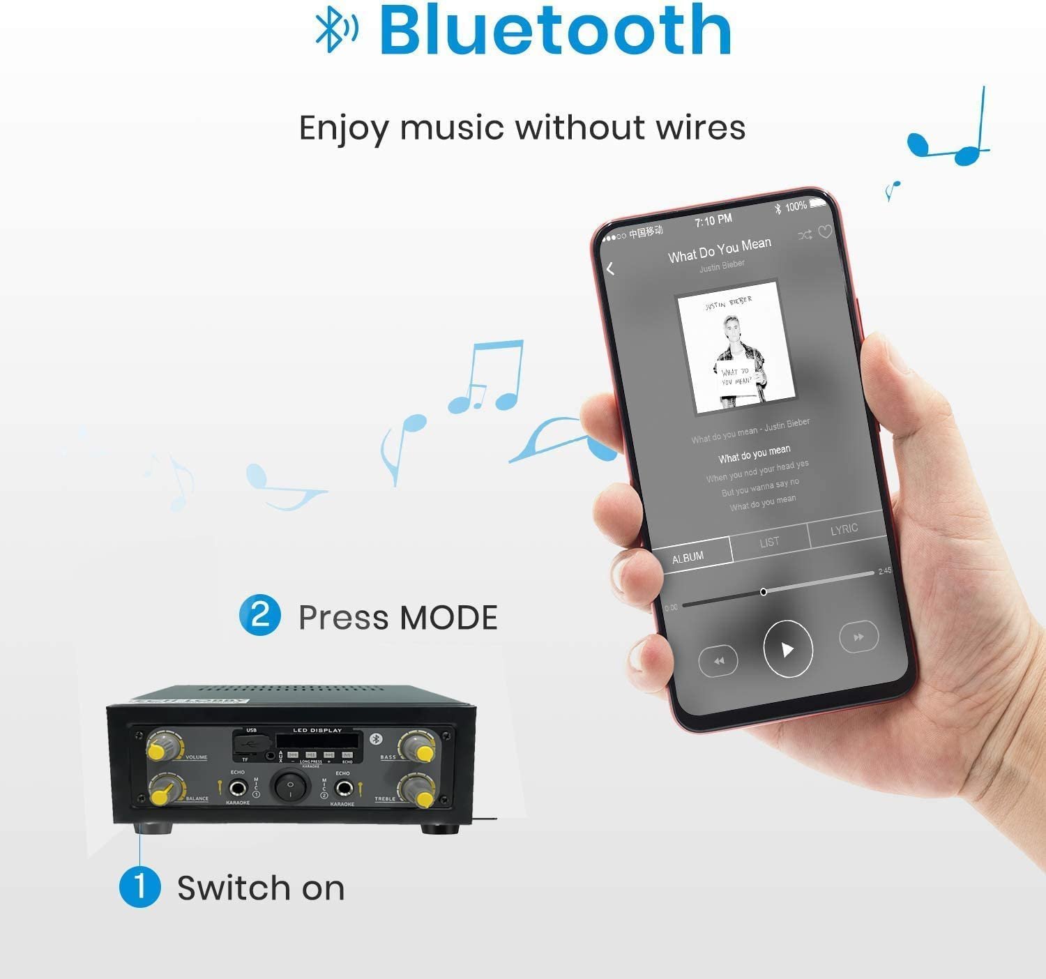 Tech-Unique Stereo Amplifier with Big LED Display/Bluetooth/2 MIC Input/USB/SD Card Slot/FM Radio/AUX Input/Remote Control & Built-in Equalizer with Bass, Treble & Balance Control (039 PRO) - Image 4