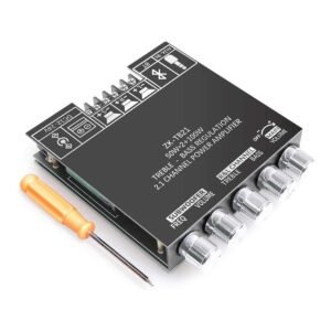 RUIZHI 2 x 50W + 100W Subwoofer Amplifier Board 2.1 Channel with Treble and Bass Control, TPA3116 Dual Chip, DC 12-24V Inputs, Bluetooth and AUX