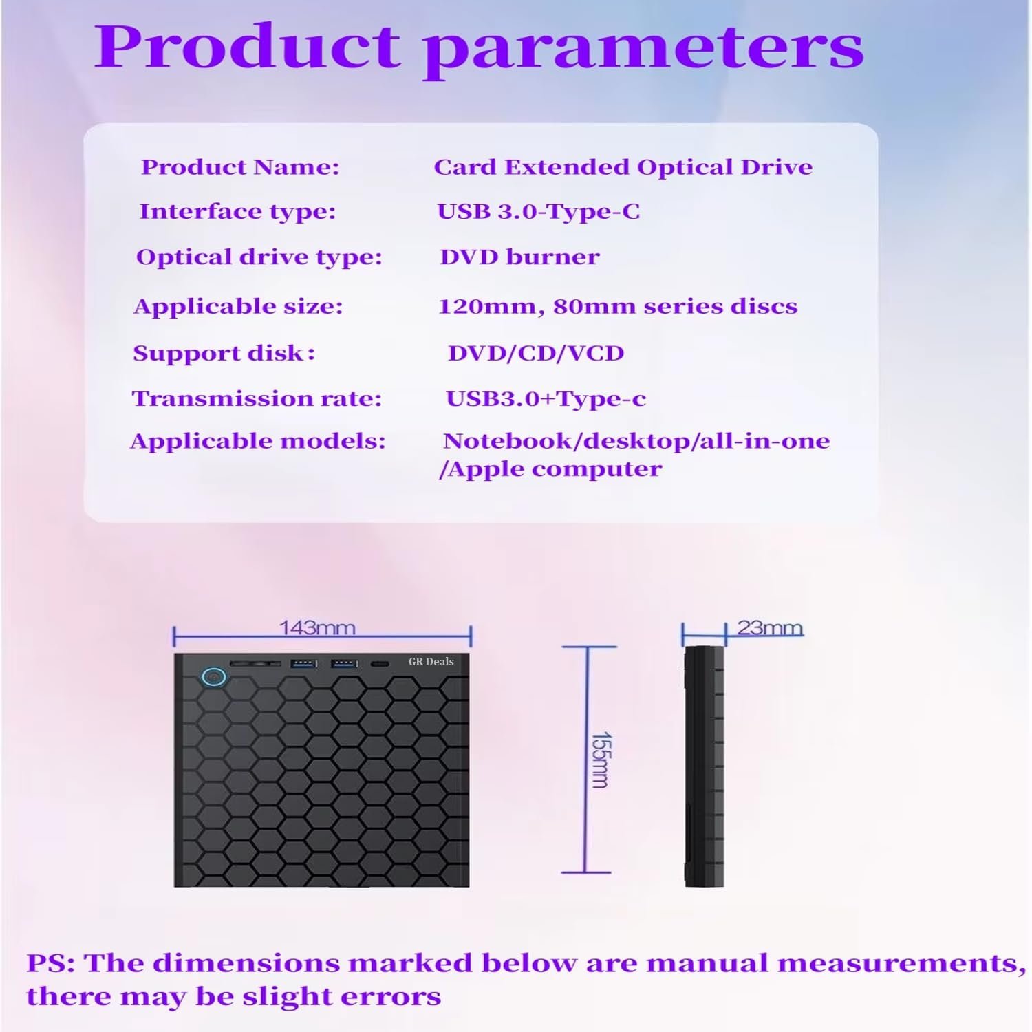 GR Deals Honeycomb Design 4 in 1 External CD/DVD Drive for Laptop, Type C & USB 3.0 CD Burner with 1 USB3.0, 1 USB2.0, USB C Ports and 1 TF Card Slots, DVD Player for Laptop, PC. (Black) - Image 3