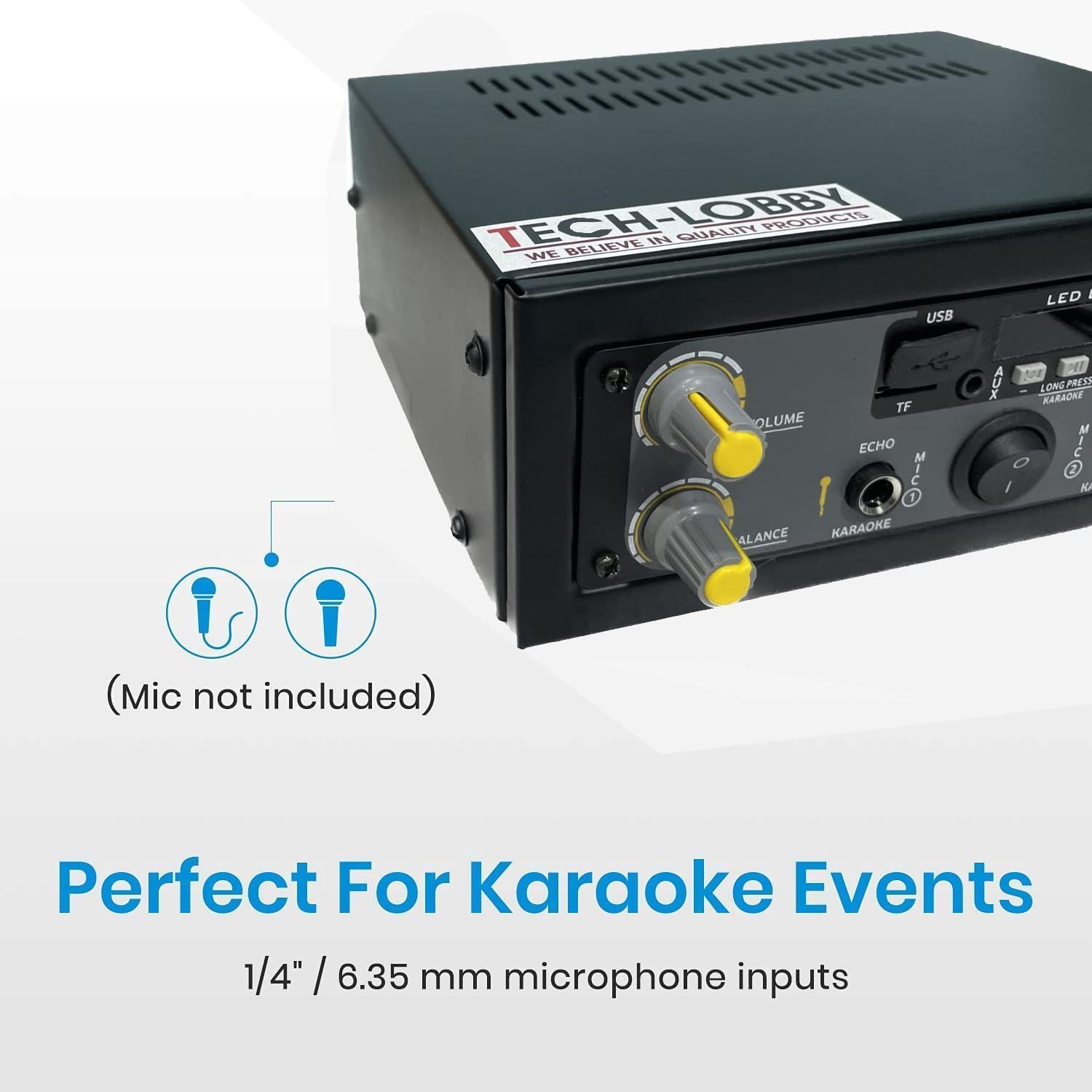 Tech-Unique Stereo Amplifier with Big LED Display/Bluetooth/2 MIC Input/USB/SD Card Slot/FM Radio/AUX Input/Remote Control & Built-in Equalizer with Bass, Treble & Balance Control (039 PRO) - Image 5