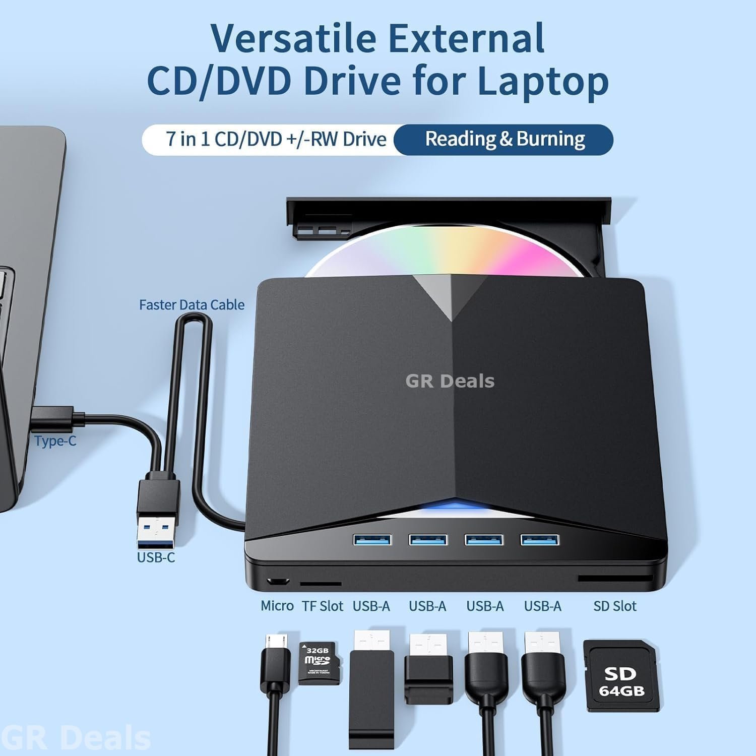 GR Deals 7 in 1 External DVD Drive - USB 3.0 Type-C Blu-Ray Player and Burner, Slim 3D CD DVD Writer for Laptop PC Desktop Windows XP/7/8/10. Black. - Image 9