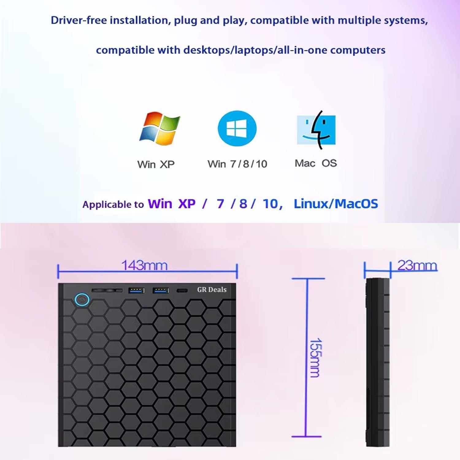 GR Deals Honeycomb Design 4 in 1 External CD/DVD Drive for Laptop, Type C & USB 3.0 CD Burner with 1 USB3.0, 1 USB2.0, USB C Ports and 1 TF Card Slots, DVD Player for Laptop, PC. (Black) - Image 2