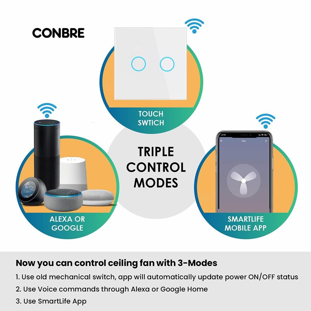 CONBRE SW2 Wi-Fi Smart Modular 2 Gang Touch Switch for Home automation | Suitable for upto 1.5 ton AC, gyser & 16A switch socket etc | Compatible with Alexa, google Assistance & Siri (White) - Image 2