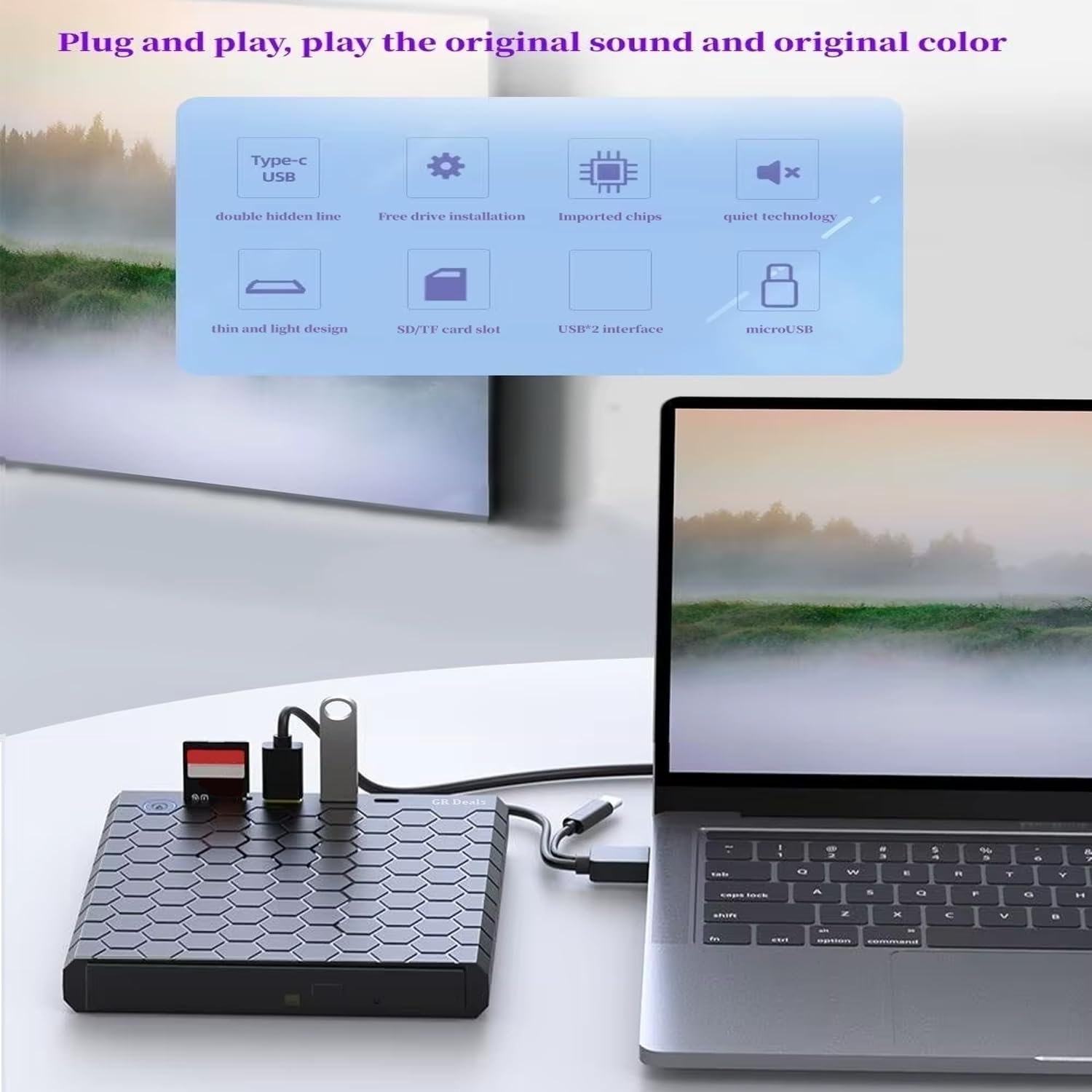 GR Deals Honeycomb Design 4 in 1 External CD/DVD Drive for Laptop, Type C & USB 3.0 CD Burner with 1 USB3.0, 1 USB2.0, USB C Ports and 1 TF Card Slots, DVD Player for Laptop, PC. (Black) - Image 8