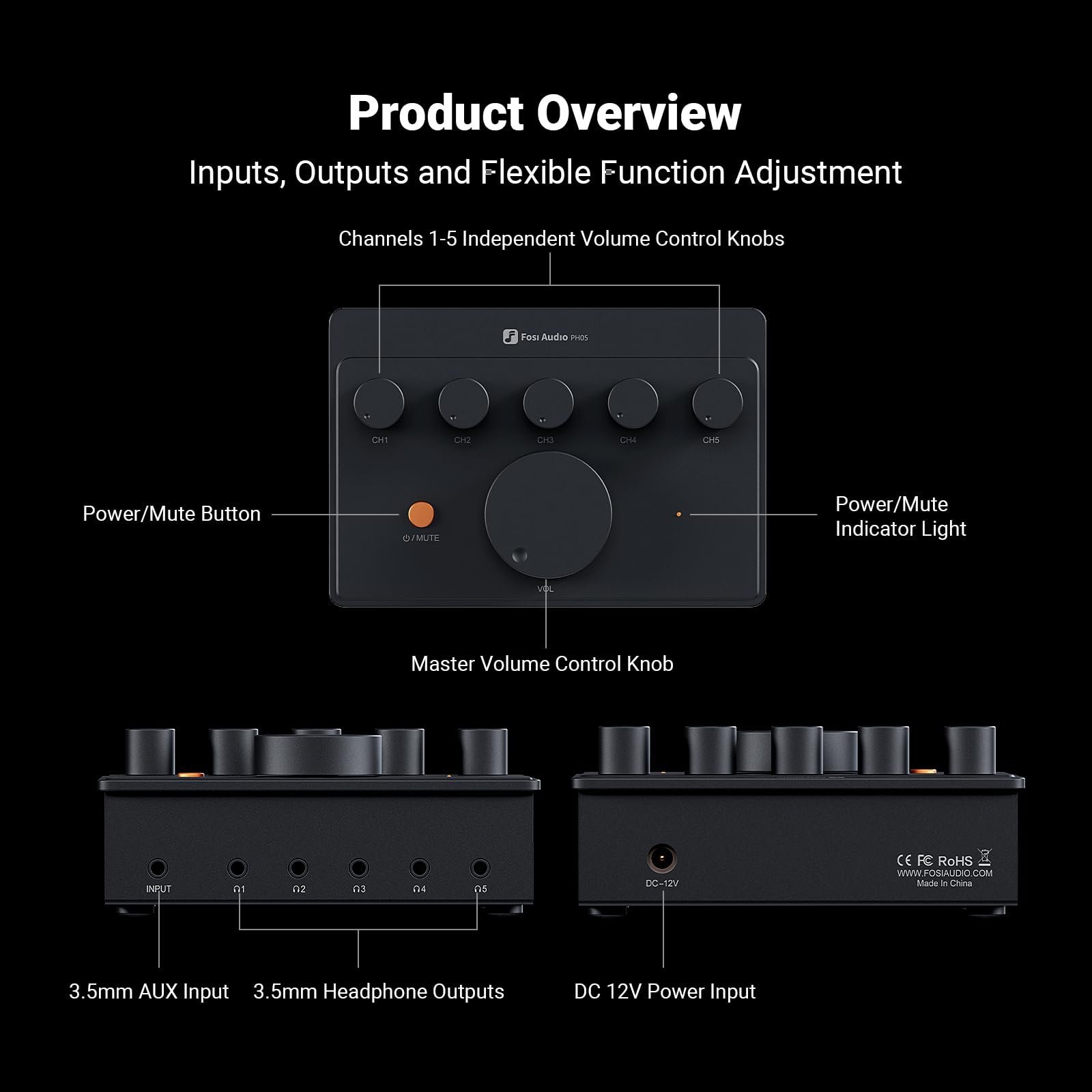 Fosi Audio PH05 5-Channel Headphone Splitter Amplifier, Mini Headphones Amp for Music Studio Mixer, Audio Sharing, Podcast Monitor, Supports 16-300 Ohm High Impedance IEM with 12V Power Adapter - Image 3