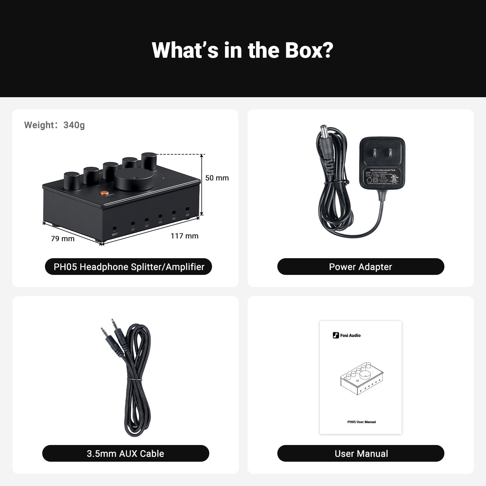 Fosi Audio PH05 5-Channel Headphone Splitter Amplifier, Mini Headphones Amp for Music Studio Mixer, Audio Sharing, Podcast Monitor, Supports 16-300 Ohm High Impedance IEM with 12V Power Adapter - Image 2