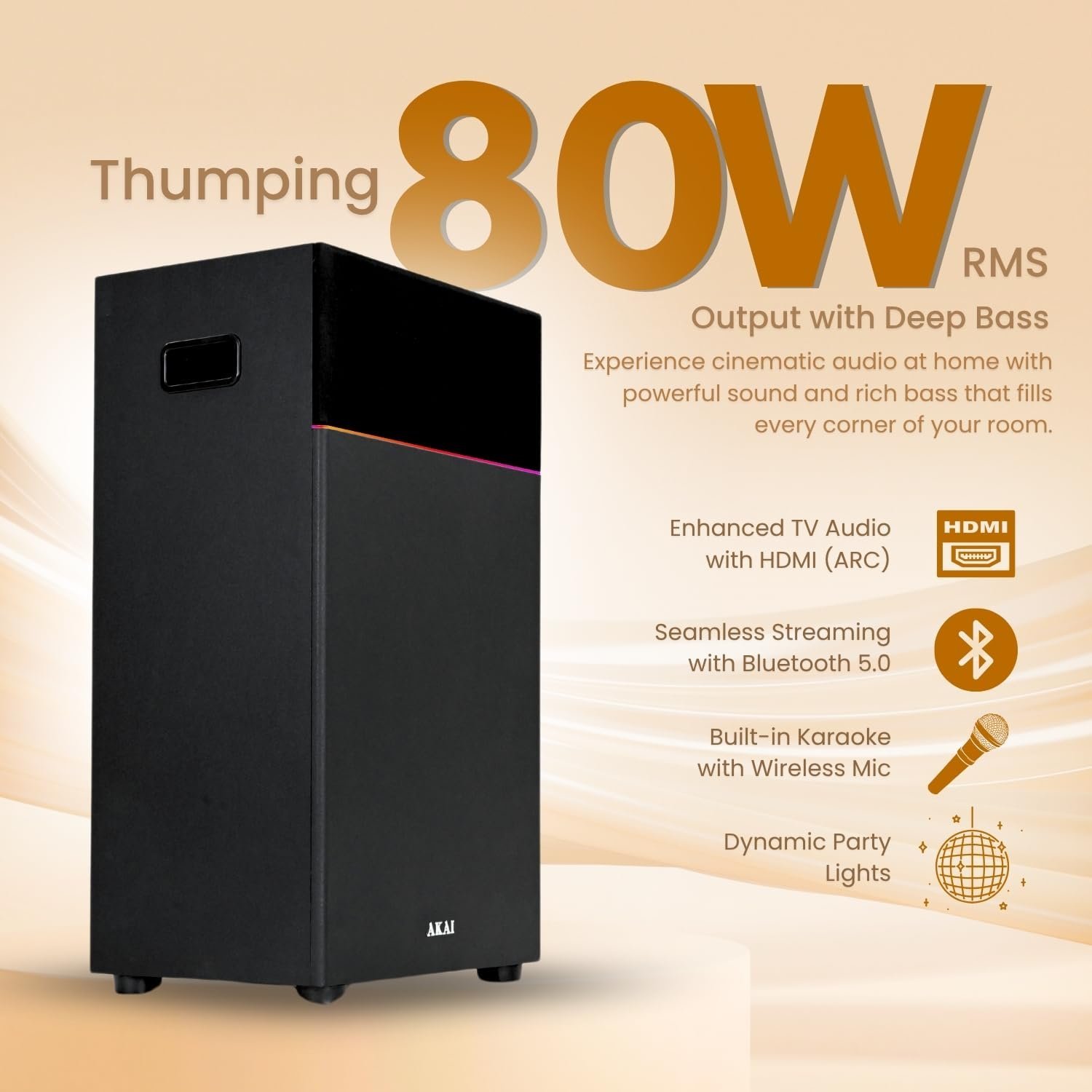 AKAI Portable Bluetooth Speaker 80W RMS with Remote - 1 Year Warranty | Mid Speaker 6.5" Woofer | Karaoke mic HDMI (ARC), LED Light, High Bass, AUX | Supports TV, PC & Smartphone (UltraBoom-80) - Image 7