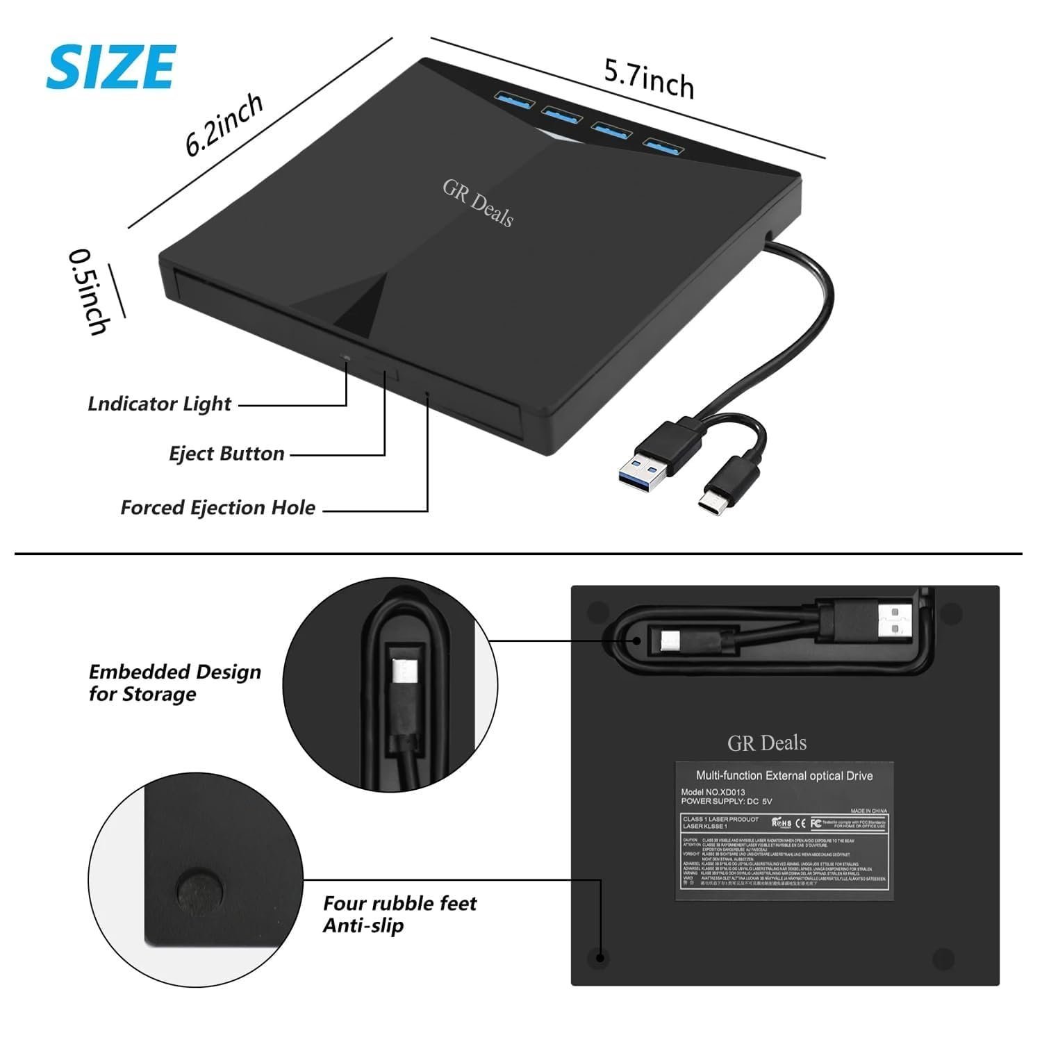GR Deals 7 in 1 External DVD Drive - USB 3.0 Type-C Blu-Ray Player and Burner, Slim 3D CD DVD Writer for Laptop PC Desktop Windows XP/7/8/10. Black. - Image 2