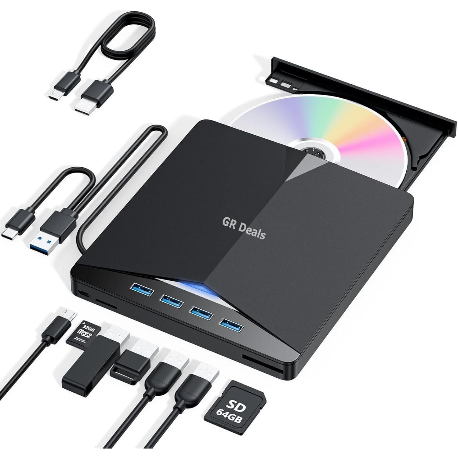 GR Deals 7 in 1 External DVD Drive - USB 3.0 Type-C Blu-Ray Player and Burner, Slim 3D CD DVD Writer for Laptop PC Desktop Windows XP/7/8/10. Black.