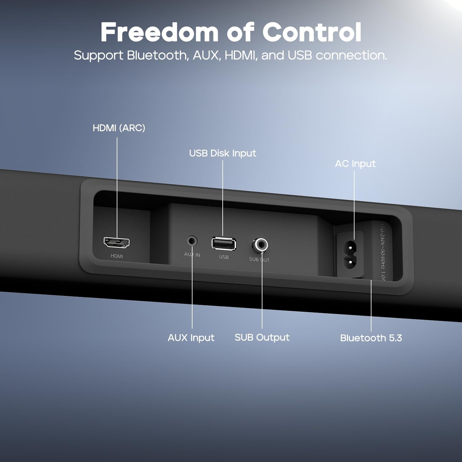 Tribit Soundbar Speaker S1 with Wired Subwoofer for Deep Bass(200W Peak), 2.1 Channel TV Home Theatre, BT5.3, LED Display, Multiple Connectivity and 4 EQ Modes, Bass & Treble Control & Remote Control - Image 5
