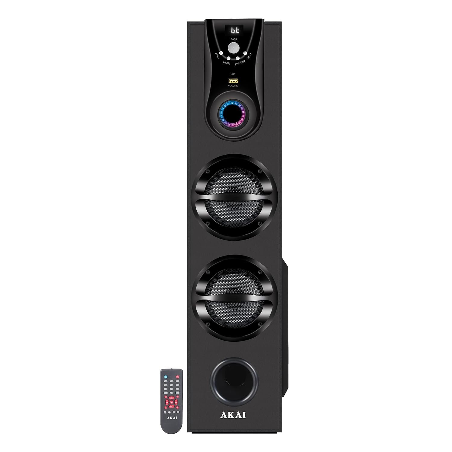 AKAI HA-TS50 50W Bluetooth Tower Speaker Wooden Cabinet Subwoofer Echo Sound Control Full Control Remote Led Display USB FM Party Speaker Home Theatre Extreme bass Karaoke Support. (HA-TS50)