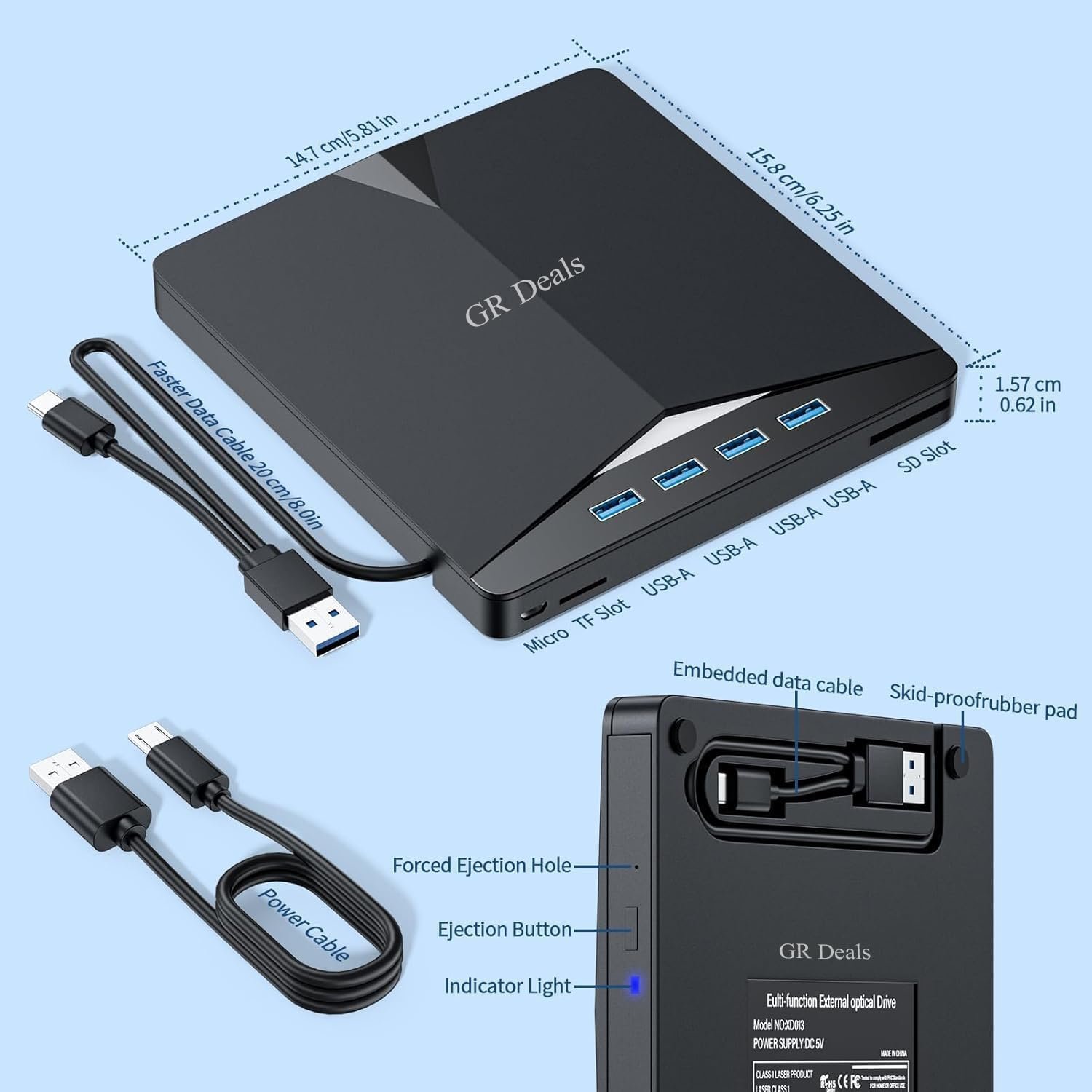 GR Deals 7 in 1 External DVD Drive - USB 3.0 Type-C Blu-Ray Player and Burner, Slim 3D CD DVD Writer for Laptop PC Desktop Windows XP/7/8/10. Black. - Image 5