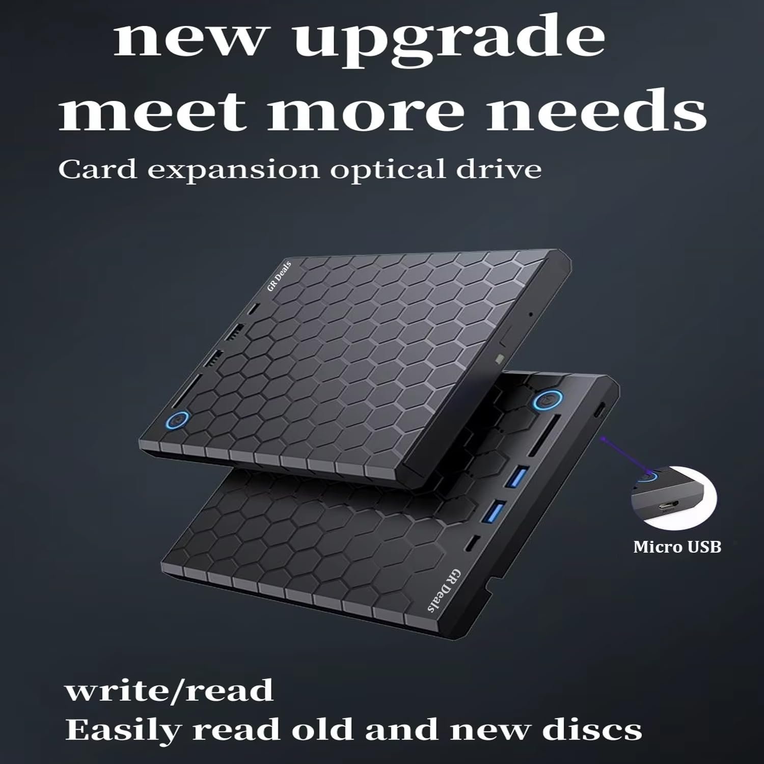 GR Deals Honeycomb Design 4 in 1 External CD/DVD Drive for Laptop, Type C & USB 3.0 CD Burner with 1 USB3.0, 1 USB2.0, USB C Ports and 1 TF Card Slots, DVD Player for Laptop, PC. (Black) - Image 4