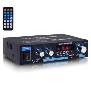 AK35 200W Stereo Audio Amplifier Bluetooth 5.0, 2.0 Channel Mini Amplifier Stereo Receivers with Bass & Treble Control,Home Amplifier w/AUX, USB, SD Card Input,Remote Control