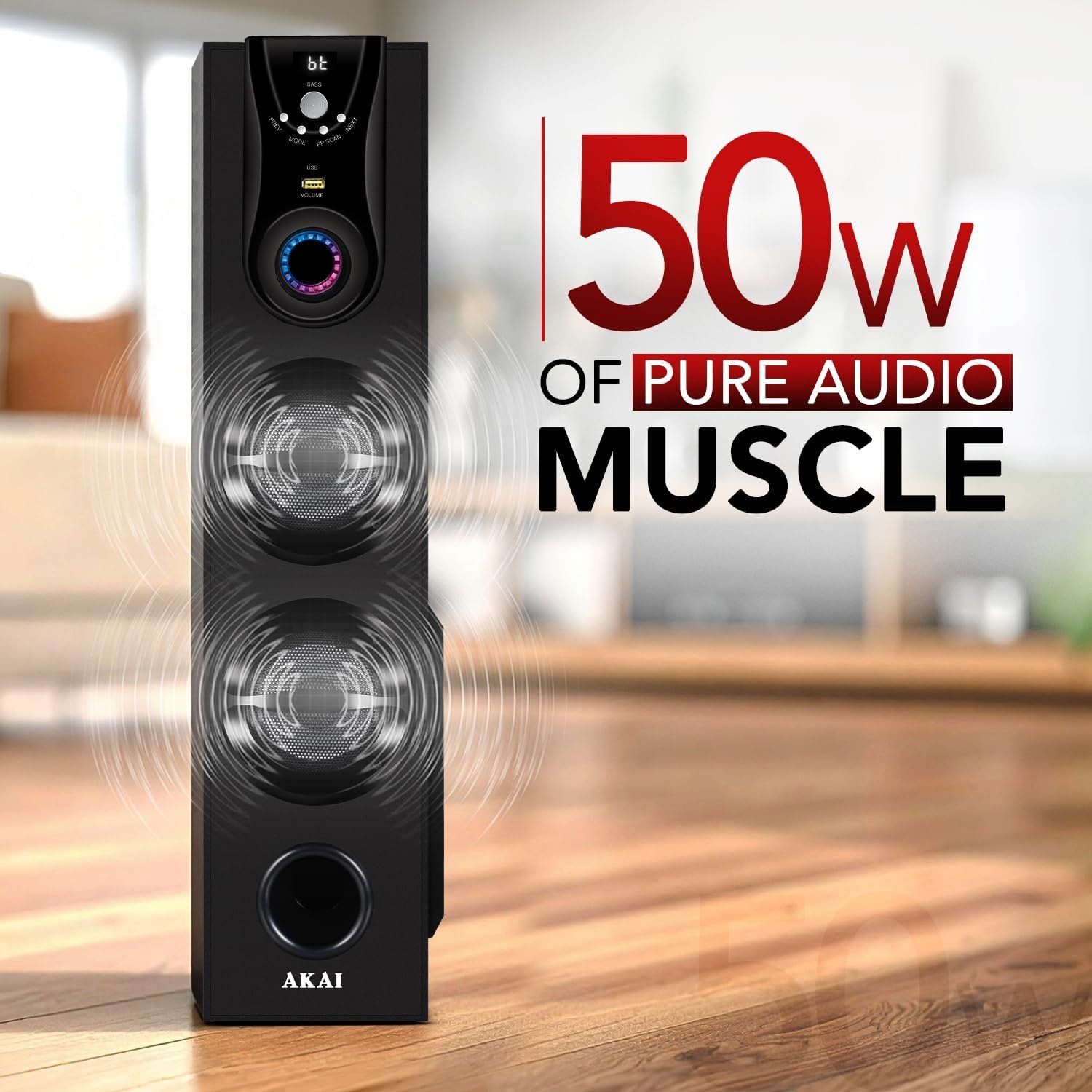 AKAI HA-TS50 50W Bluetooth Tower Speaker Wooden Cabinet Subwoofer Echo Sound Control Full Control Remote Led Display USB FM Party Speaker Home Theatre Extreme bass Karaoke Support. (HA-TS50) - Image 8