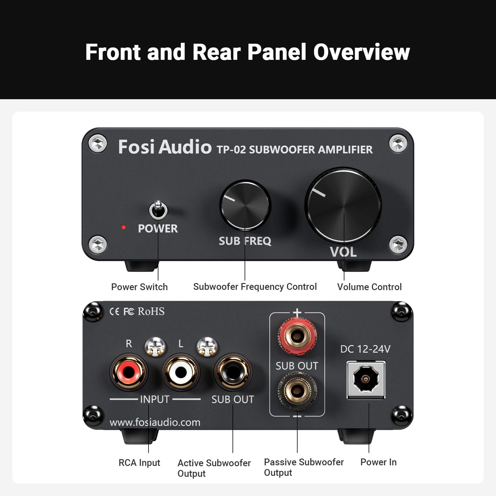 Fosi Audio TP-02 Subwoofer Amplifier Home Audio, Mini Bass Amp Mono Subwoofer Amp, with TDA7498E Chip 220W Volume and Frequency Control, for Powered Passive Subwoofers Bass Shakers - Image 4