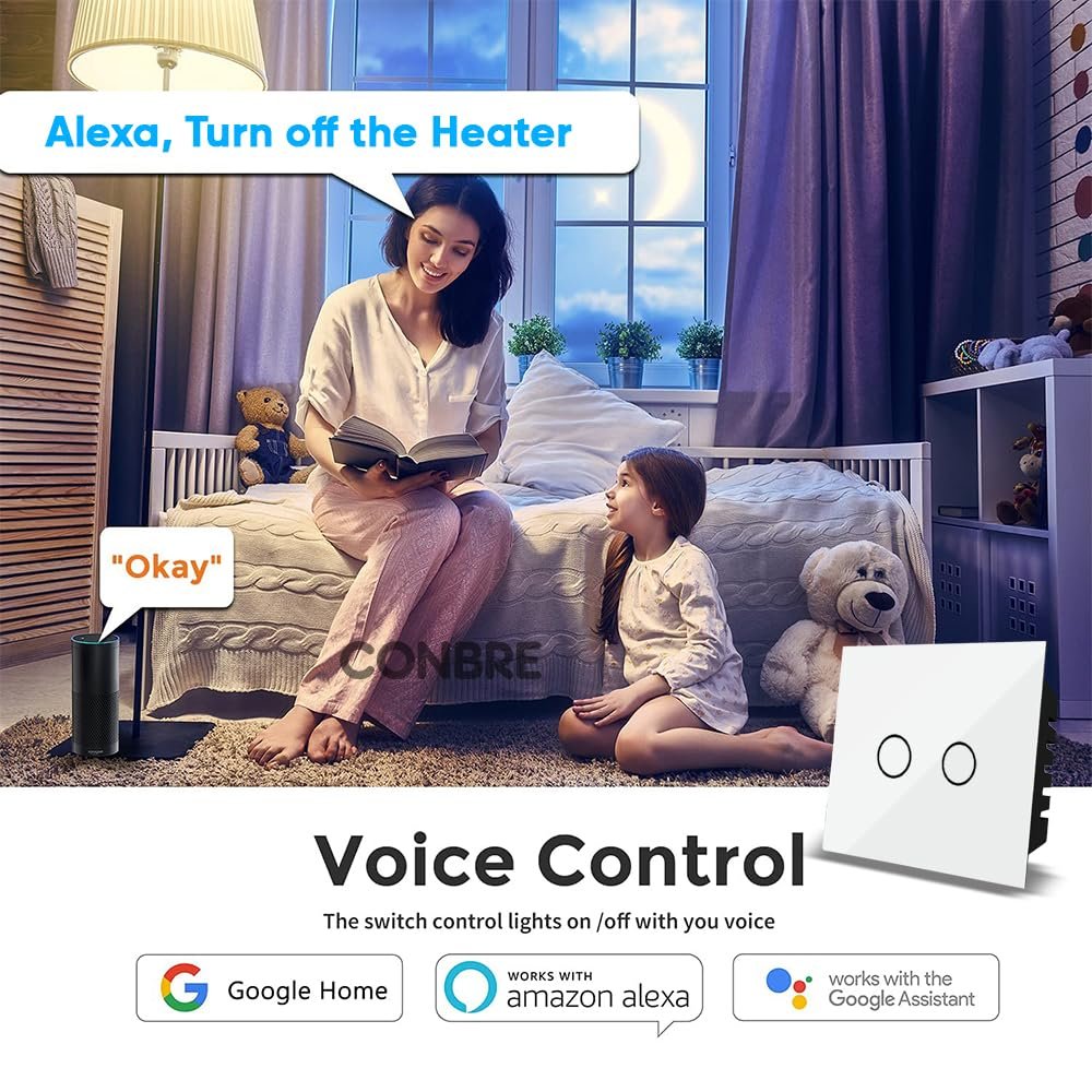 CONBRE SW2 Wi-Fi Smart Modular 2 Gang Touch Switch for Home automation | Suitable for upto 1.5 ton AC, gyser & 16A switch socket etc | Compatible with Alexa, google Assistance & Siri (White) - Image 5