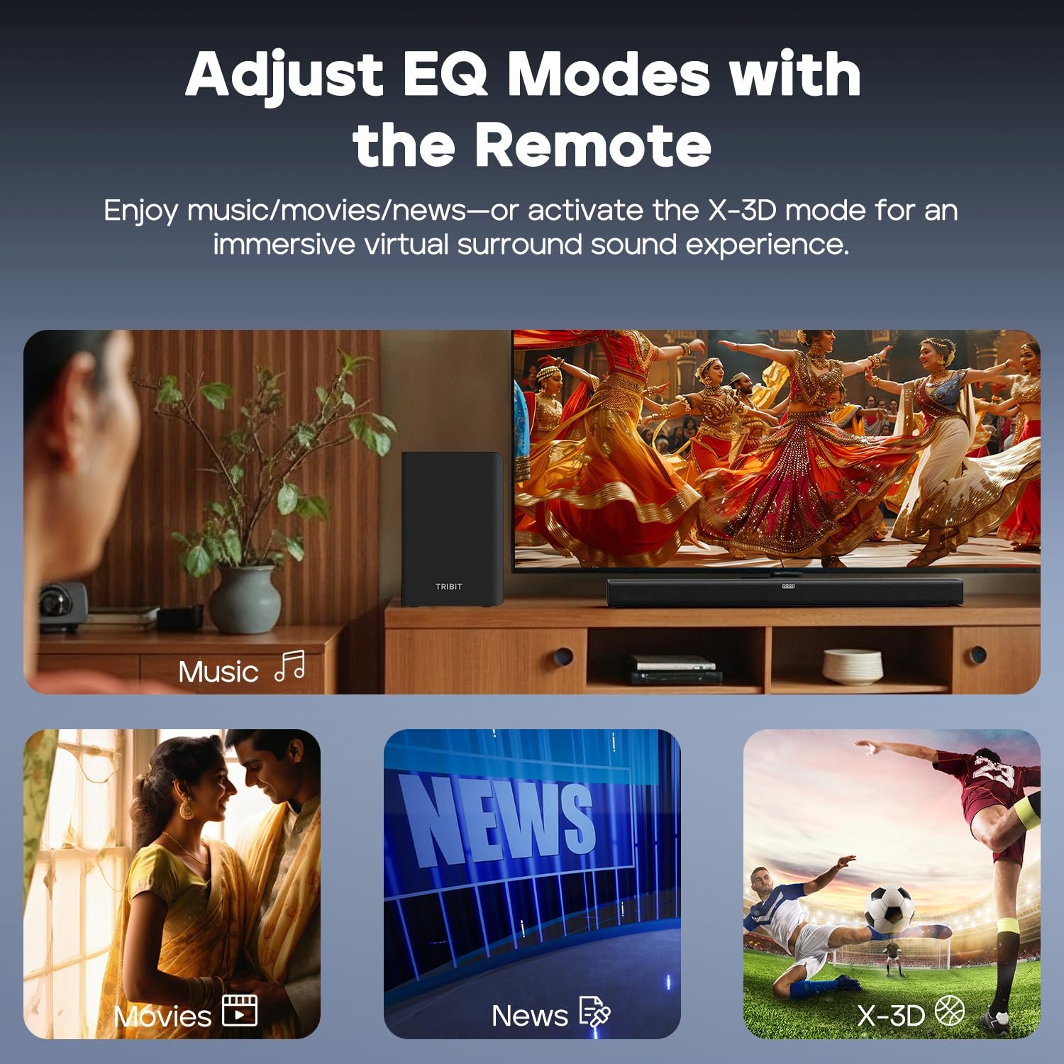 Tribit Soundbar Speaker S1 with Wired Subwoofer for Deep Bass(200W Peak), 2.1 Channel TV Home Theatre, BT5.3, LED Display, Multiple Connectivity and 4 EQ Modes, Bass & Treble Control & Remote Control - Image 7