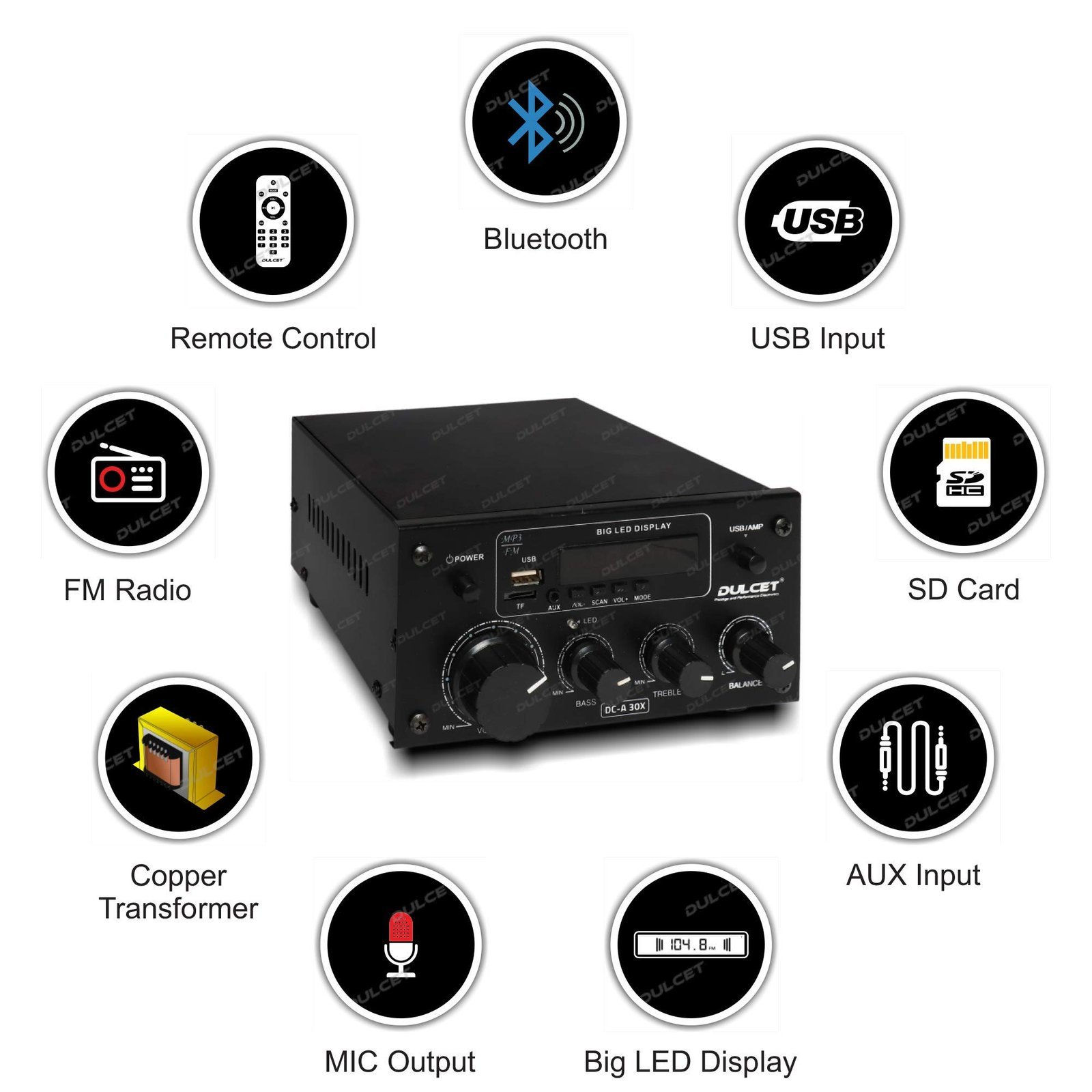 Dulcet DC-A30X 2 Channel Stereo Amplifier with Big LED Display/Bluetooth/MIC Input/USB/SD Card Slot/FM Radio/AUX Input/Remote Control & Built-in Equalizer with Bass, Treble & Balance Control - Image 9
