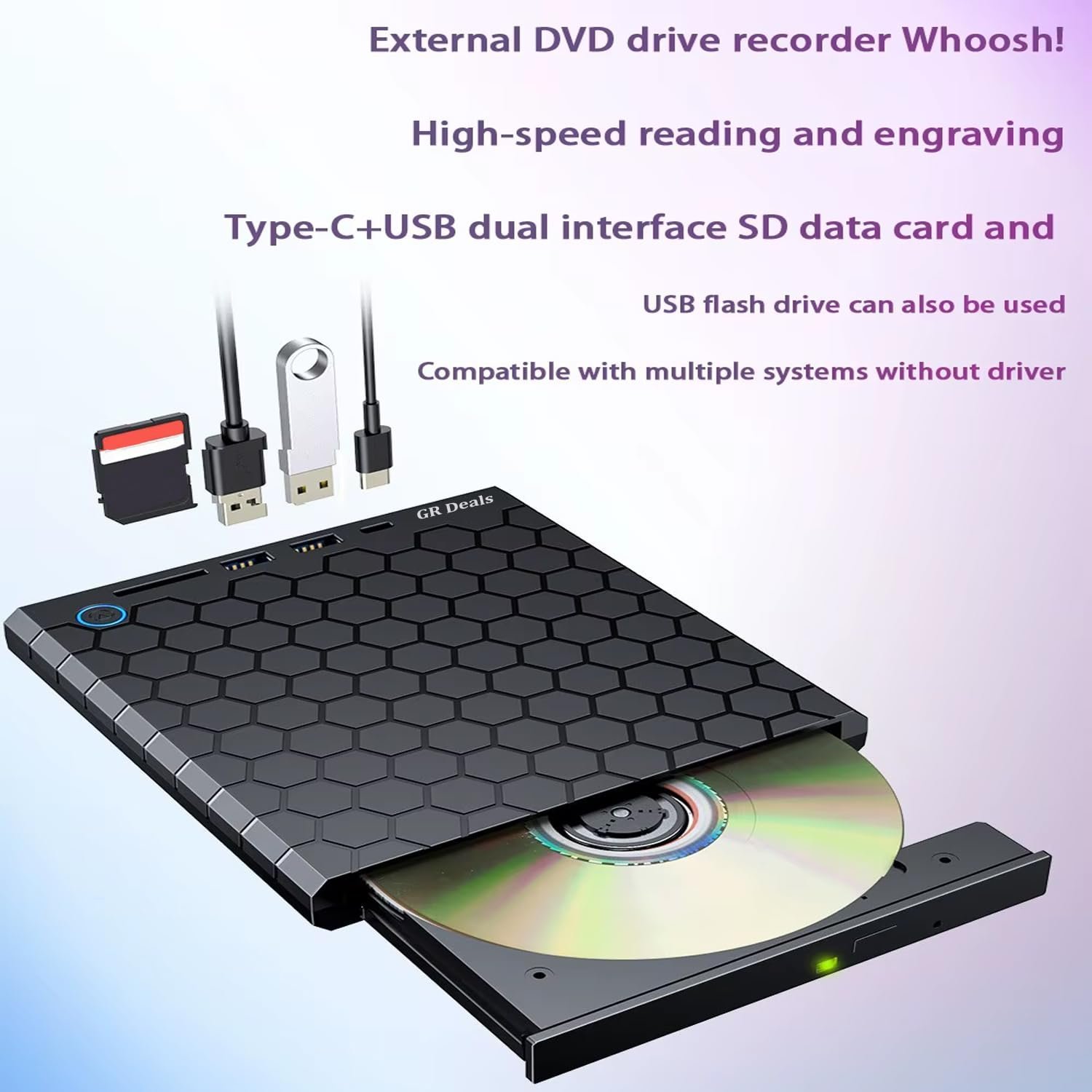 GR Deals Honeycomb Design 4 in 1 External CD/DVD Drive for Laptop, Type C & USB 3.0 CD Burner with 1 USB3.0, 1 USB2.0, USB C Ports and 1 TF Card Slots, DVD Player for Laptop, PC. (Black) - Image 9
