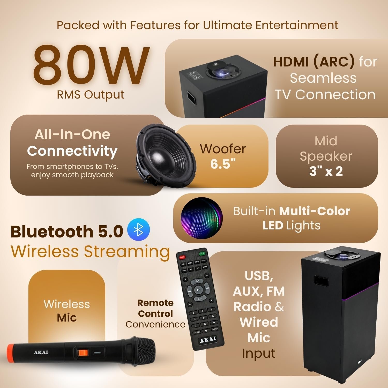 AKAI Portable Bluetooth Speaker 80W RMS with Remote - 1 Year Warranty | Mid Speaker 6.5" Woofer | Karaoke mic HDMI (ARC), LED Light, High Bass, AUX | Supports TV, PC & Smartphone (UltraBoom-80) - Image 6