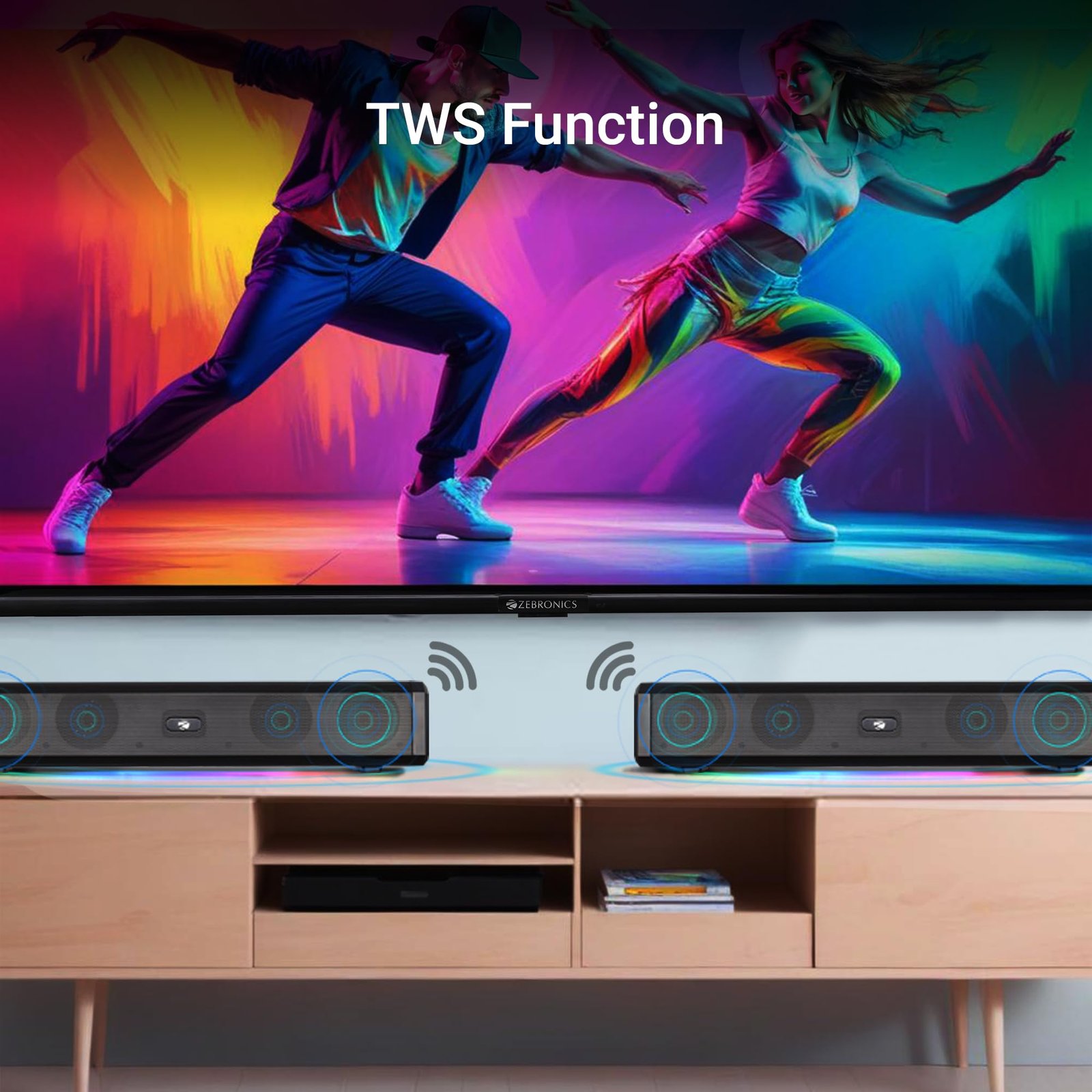 ZEBRONICS VITA BAR 150 Wireless Bluetooth Soundbar, 20W RMS, 2.0 Channel, Dual (52mm Driver & Passive Radiator), Upto 8 Hours Playback, Built in Battery, BTv5.3 | USB | mSD | AUX | | TWS, RGB LED - Image 5