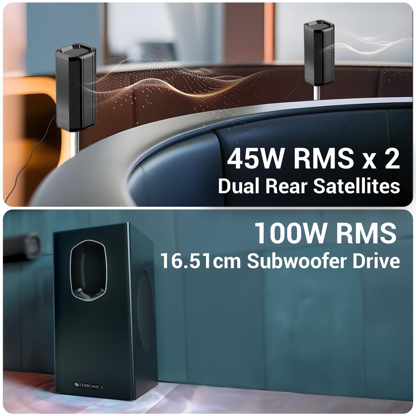 ZEBRONICS Juke BAR 7600 Soundbar, 300 Watts, 5.1 Surround, Dual Rear Satellites, Triple Driver Soundbar, 6.5"" Subwoofer, Bluetooth 5.0 | HDMI (ARC) | Optical | USB | AUX - Image 3