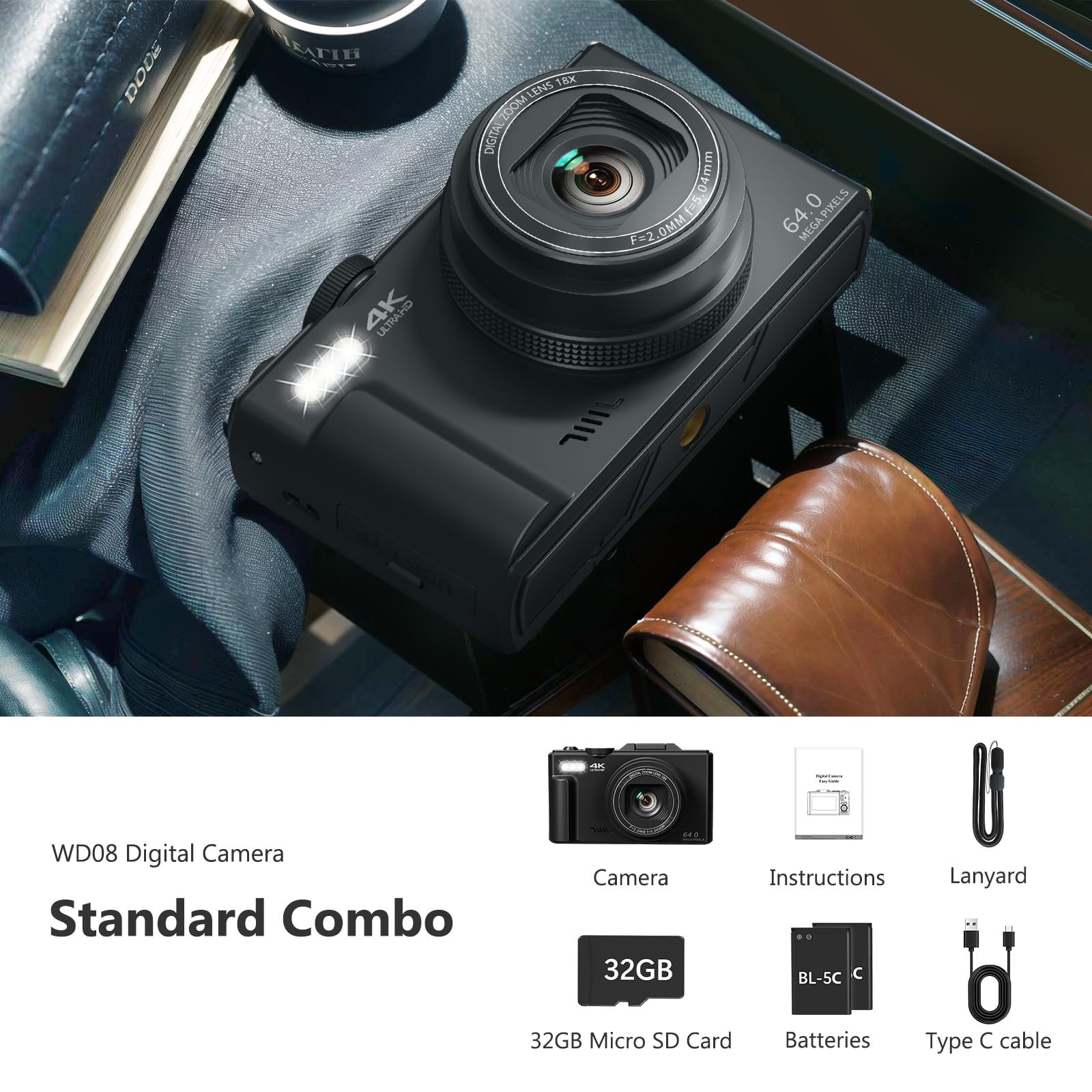 VJIANGER 4K Digital Camera For Photography, 64MP, 18X Digital Zoom Point And Shoot Vlogging Camera with 32GB Micro SD Card for Beginner, Youtube, Black - Image 2