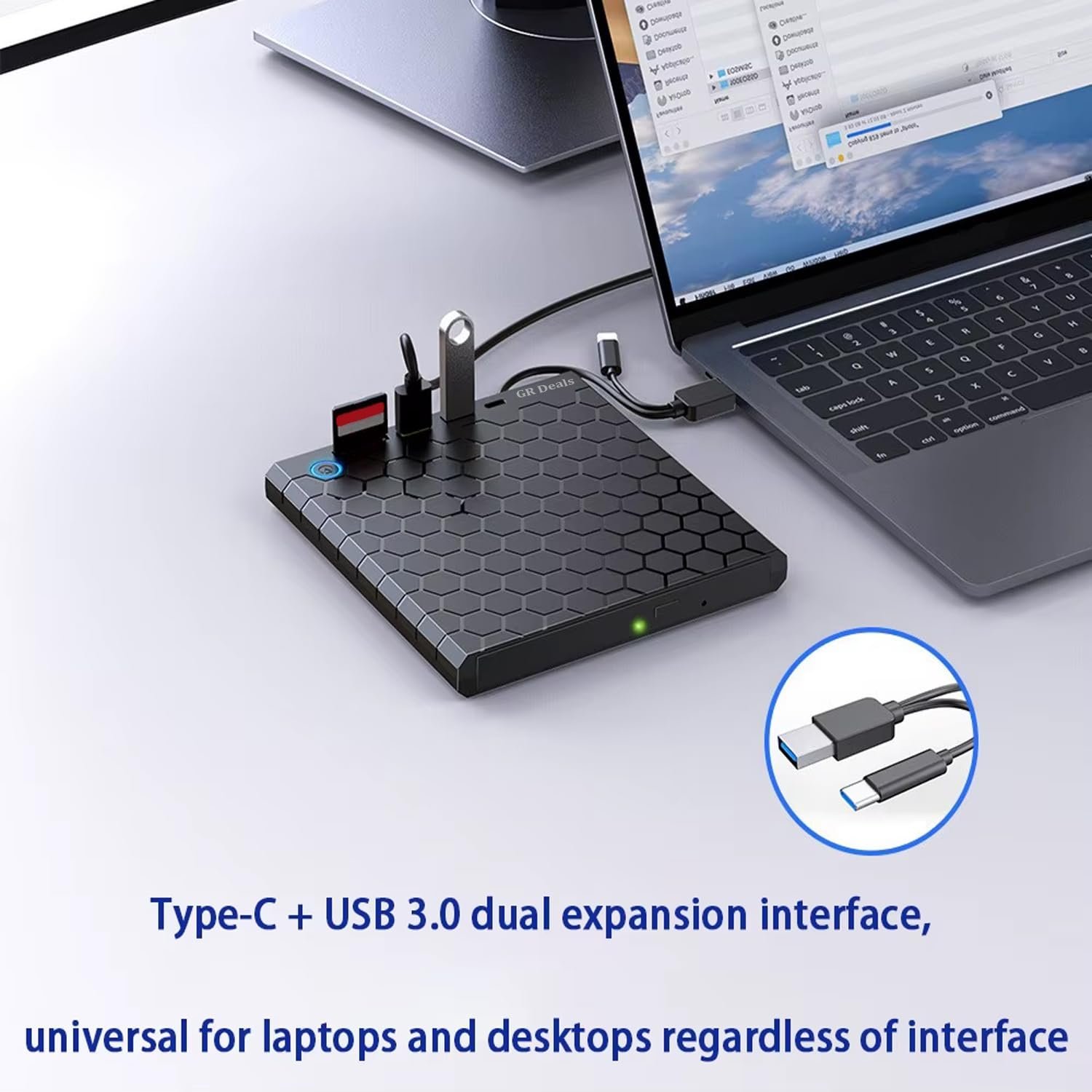 GR Deals Honeycomb Design 4 in 1 External CD/DVD Drive for Laptop, Type C & USB 3.0 CD Burner with 1 USB3.0, 1 USB2.0, USB C Ports and 1 TF Card Slots, DVD Player for Laptop, PC. (Black) - Image 7