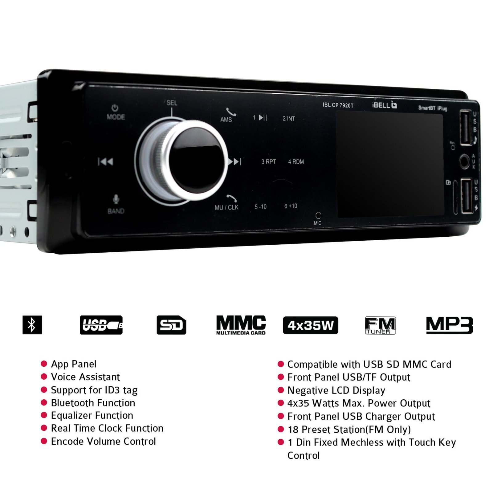 IBELL CP7920T Car Audio System with 2 Year Warranty, Bluetooth, Dual USB, AUX, SD Card, FM Radio, 140W Car Audio Player, LCD Display,1 DIN Music System, Voice Assistant (Black) - Image 8