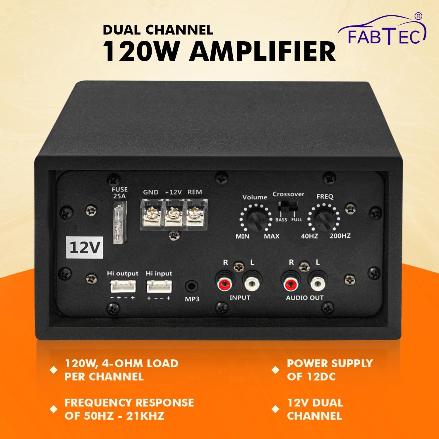 FABTEC 12V Dual Channel 120W Car Amplifier Stereo Power Mono Amp Audio, Bass Sub- Woofer kit, Monoblock, Black Body Encloser,Car Multi Channel Amplifier Class AB, Mosfet Dc Power Supply - Image 6