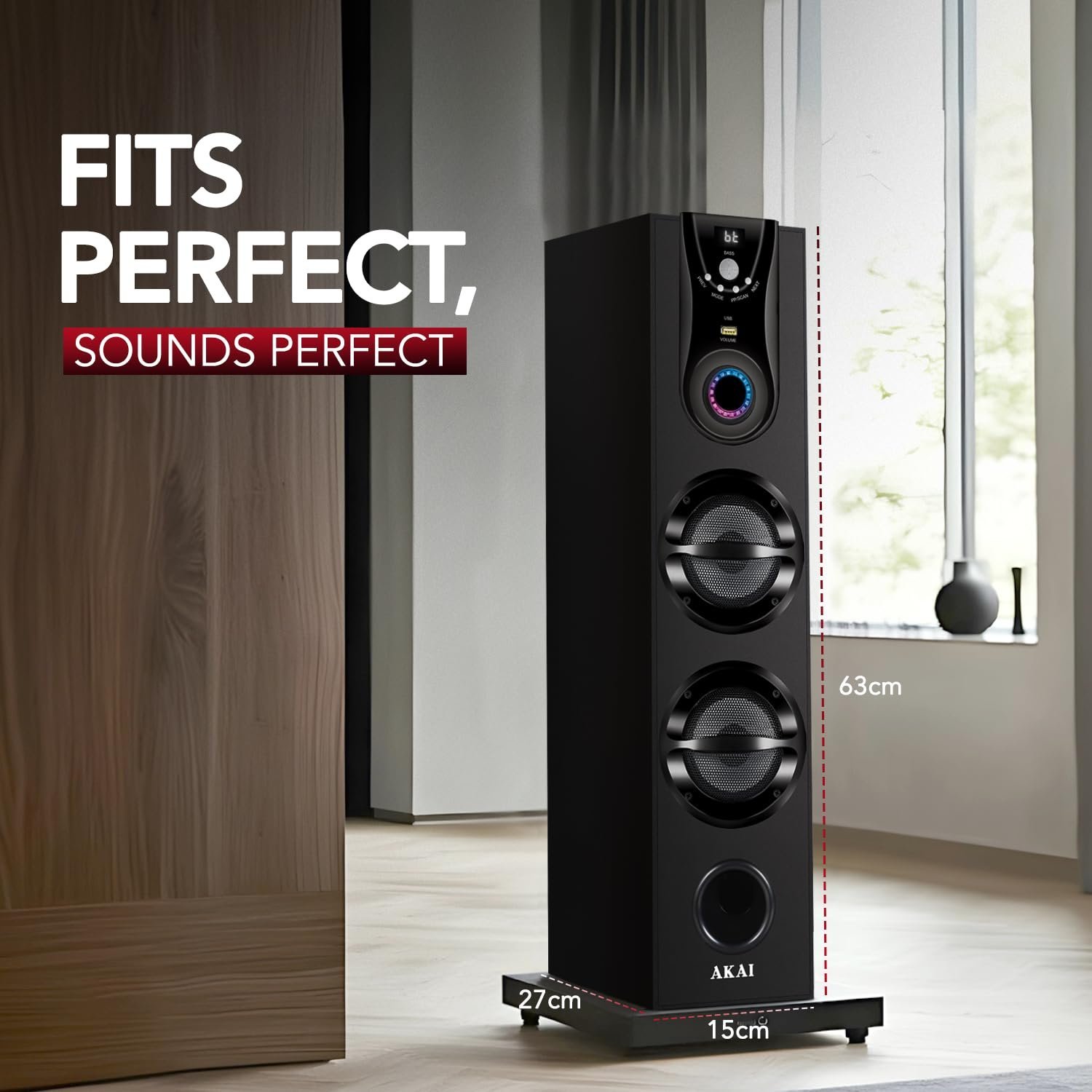 AKAI HA-TS50 50W Bluetooth Tower Speaker Wooden Cabinet Subwoofer Echo Sound Control Full Control Remote Led Display USB FM Party Speaker Home Theatre Extreme bass Karaoke Support. (HA-TS50) - Image 5