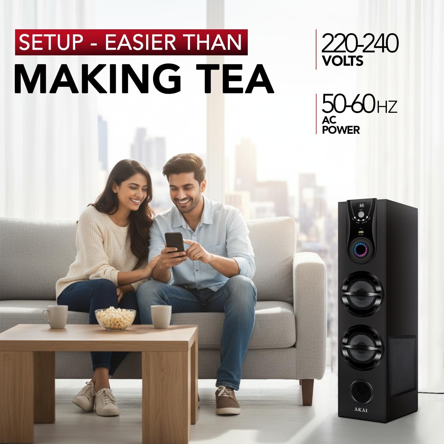 AKAI HA-TS50 50W Bluetooth Tower Speaker Wooden Cabinet Subwoofer Echo Sound Control Full Control Remote Led Display USB FM Party Speaker Home Theatre Extreme bass Karaoke Support. (HA-TS50) - Image 2