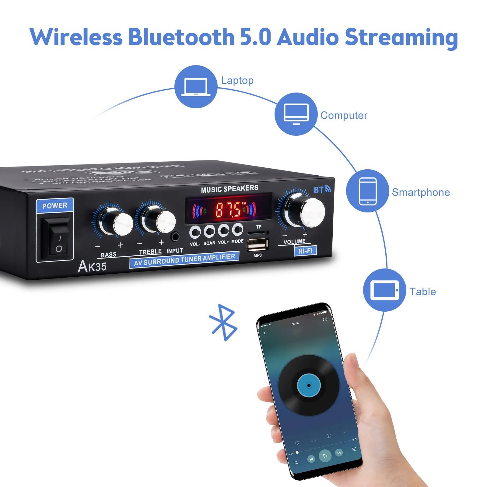Daakro AK35 200W Dual Channel Bluetooth 5.0 Stereo Audio Amplifier Receiver, with USB, SD Card Input, Bass & Treble Control, Wide Compatibility - Image 8