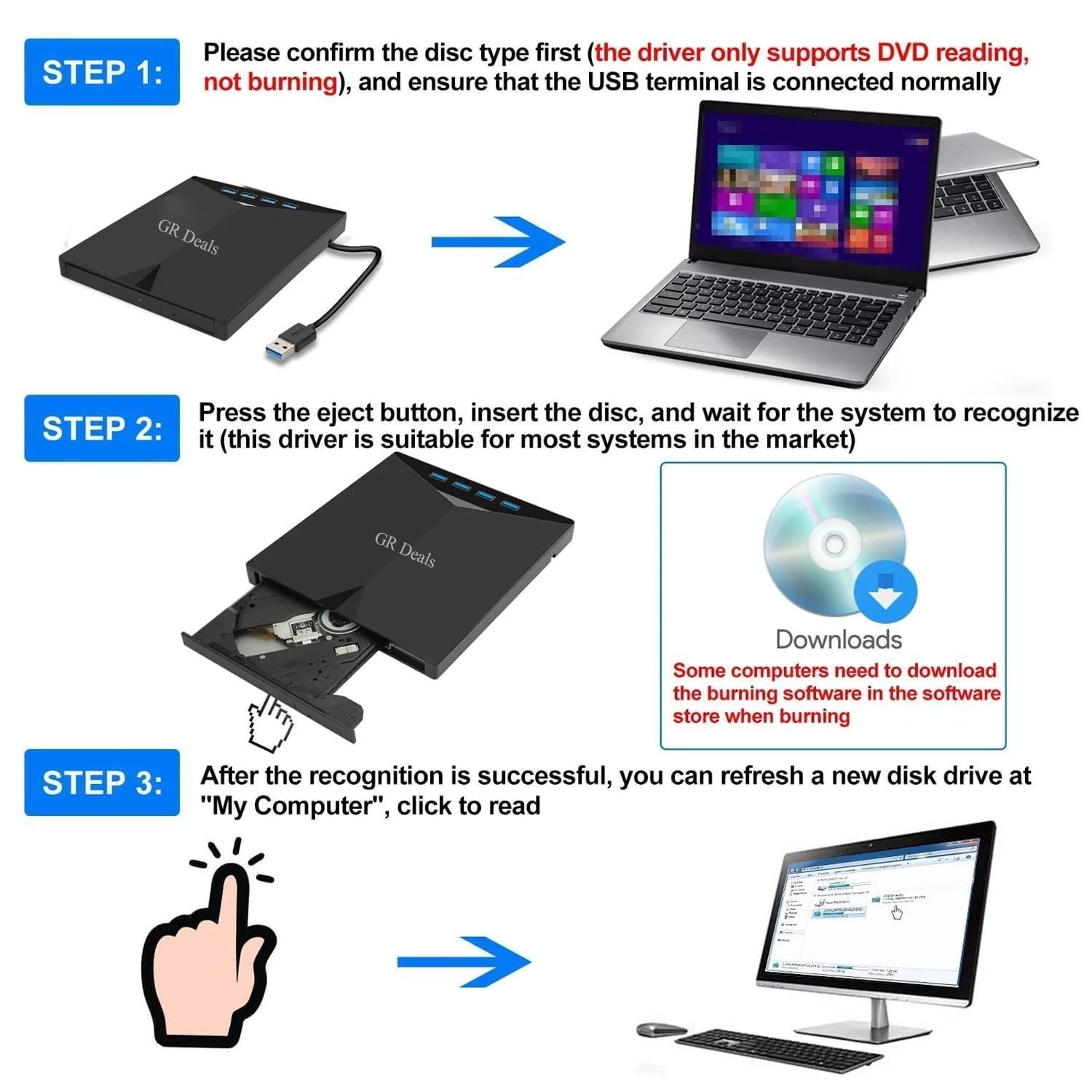 GR Deals 7 in 1 External DVD Drive - USB 3.0 Type-C Blu-Ray Player and Burner, Slim 3D CD DVD Writer for Laptop PC Desktop Windows XP/7/8/10. Black. - Image 3