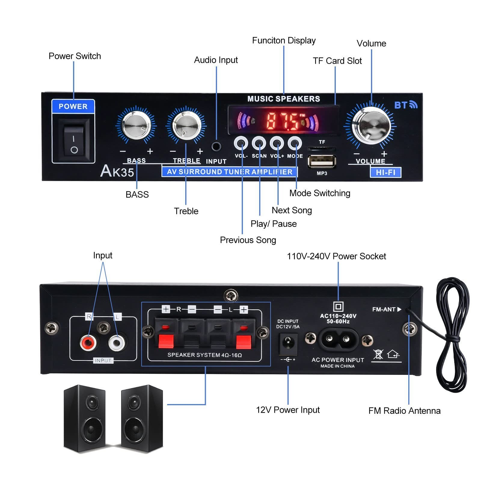 Daakro AK35 200W Dual Channel Bluetooth 5.0 Stereo Audio Amplifier Receiver, with USB, SD Card Input, Bass & Treble Control, Wide Compatibility - Image 7
