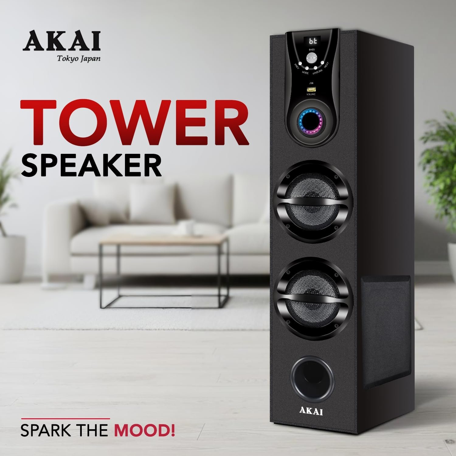 AKAI HA-TS50 50W Bluetooth Tower Speaker Wooden Cabinet Subwoofer Echo Sound Control Full Control Remote Led Display USB FM Party Speaker Home Theatre Extreme bass Karaoke Support. (HA-TS50) - Image 9