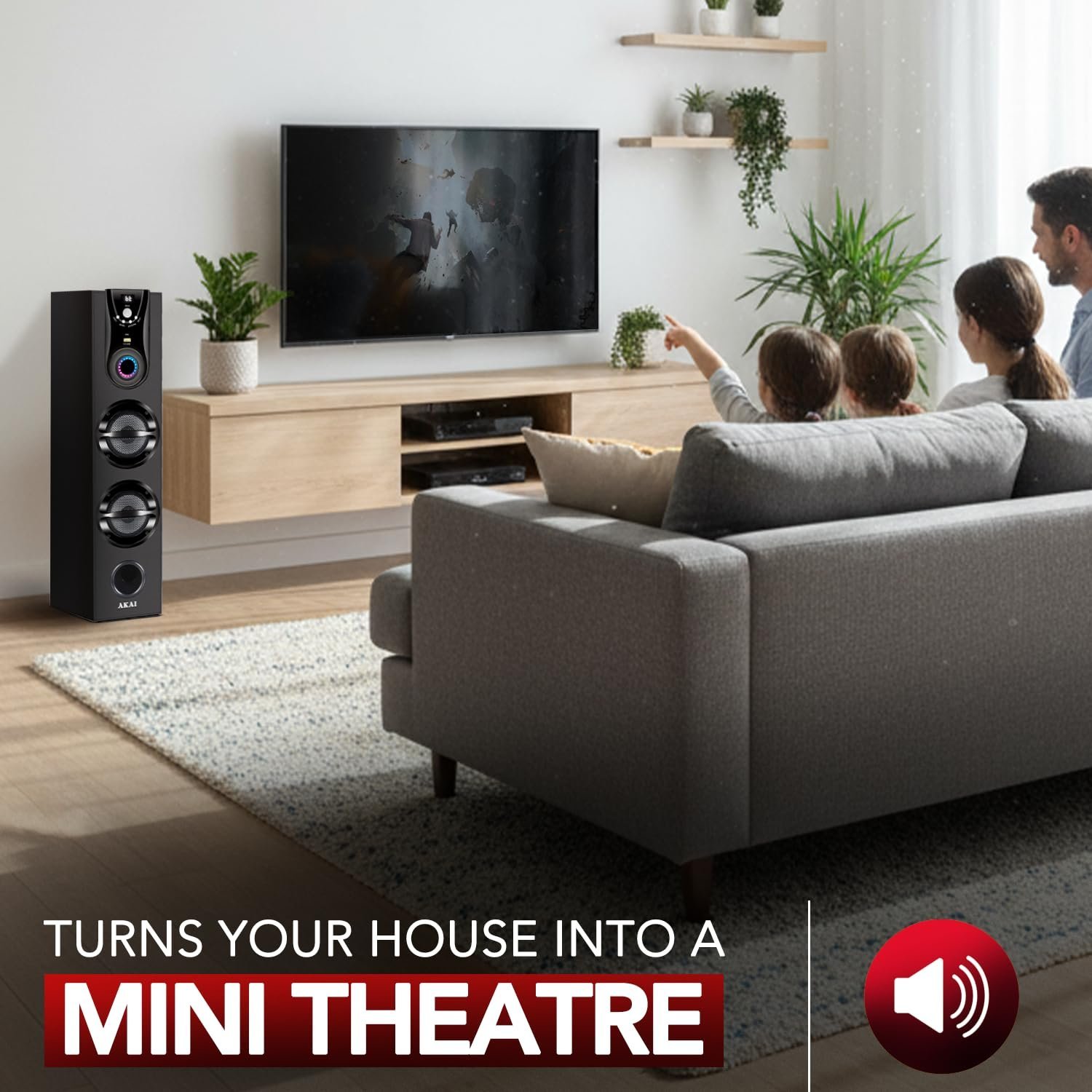 AKAI HA-TS50 50W Bluetooth Tower Speaker Wooden Cabinet Subwoofer Echo Sound Control Full Control Remote Led Display USB FM Party Speaker Home Theatre Extreme bass Karaoke Support. (HA-TS50) - Image 7