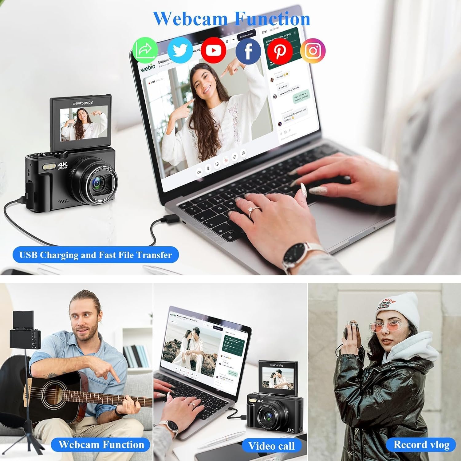 LEQTRONIQ Digital Camera for Photography, 4K, 64MP Vlogging Camera for YouTube, 3" 180° Flip Screen 18X Digital Zoom Compact Vlog Travel Camera with 4K WiFi, 32GB TF Card & 1 Batteries, Black - Image 4