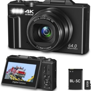 LEQTRONIQ Digital Camera for Photography, 4K, 64MP Vlogging Camera for YouTube, 3" 180° Flip Screen 18X Digital Zoom Compact Vlog Travel Camera with 4K WiFi, 32GB TF Card & 1 Batteries, Black