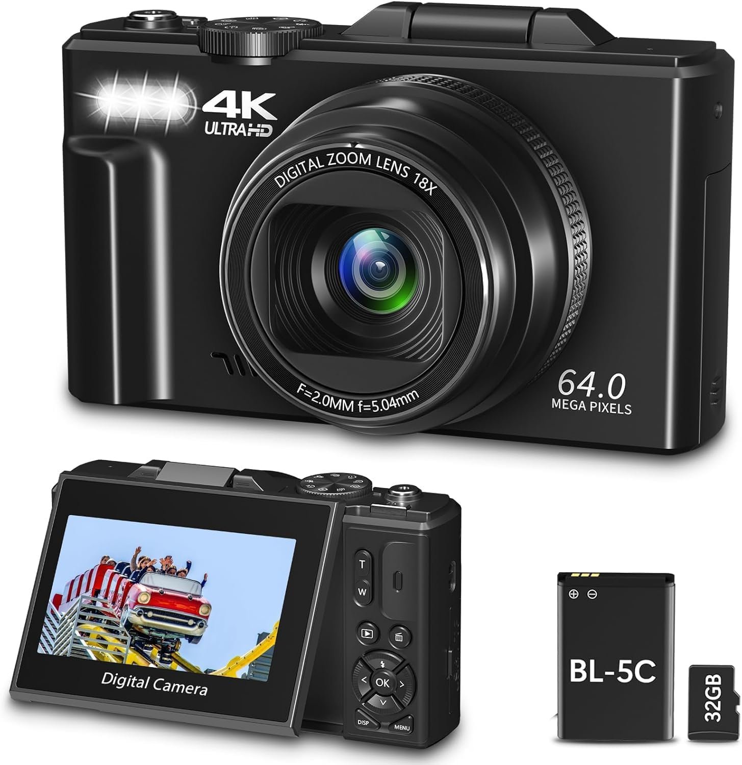 LEQTRONIQ Digital Camera for Photography, 4K, 64MP Vlogging Camera for YouTube, 3" 180° Flip Screen 18X Digital Zoom Compact Vlog Travel Camera with 4K WiFi, 32GB TF Card & 1 Batteries, Black