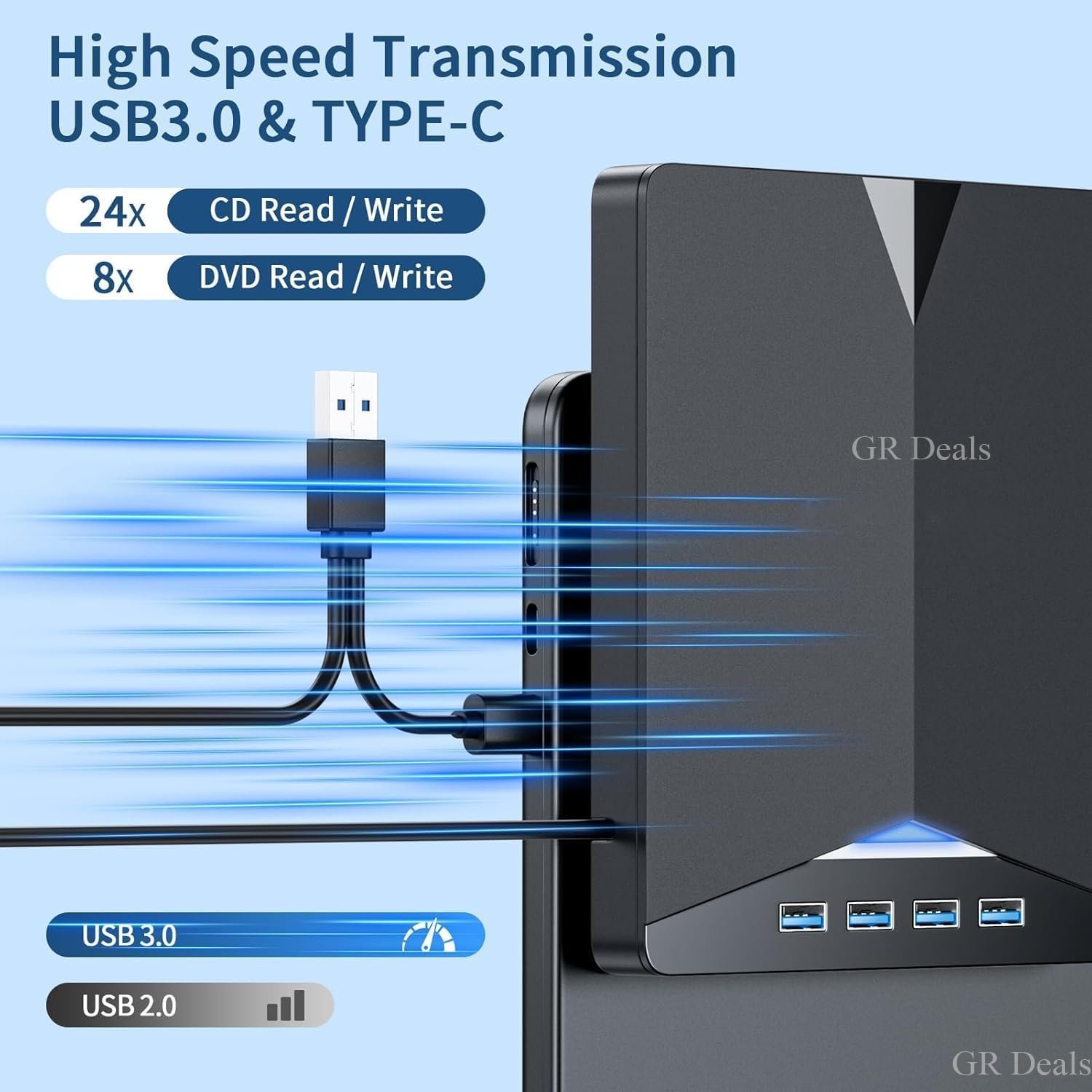 GR Deals 7 in 1 External DVD Drive - USB 3.0 Type-C Blu-Ray Player and Burner, Slim 3D CD DVD Writer for Laptop PC Desktop Windows XP/7/8/10. Black. - Image 8