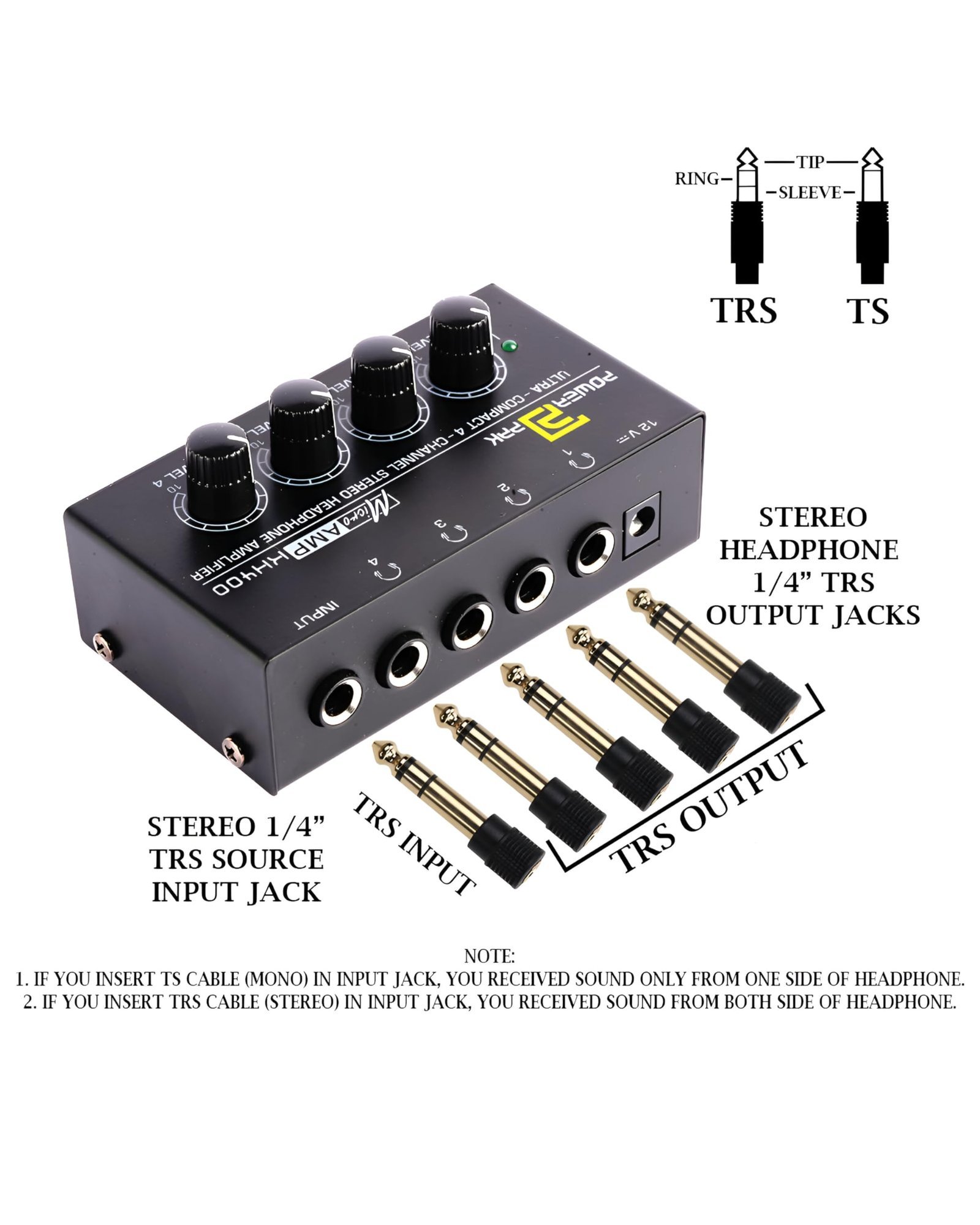 Powerpak KH400 4-Channel Headphone Amplifier Metal Stereo Audio Amplifier | 4X Quarter Inch Balanced TRS Headphones Output and TRS Audio Input for Sound Mixer - Image 4
