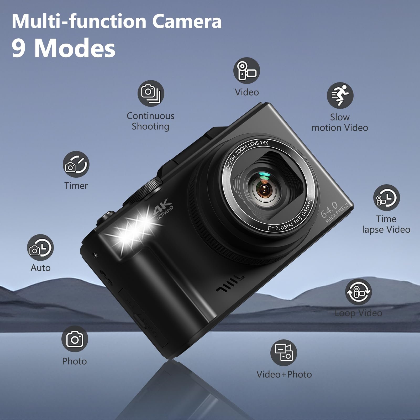 VJIANGER 4K Digital Camera For Photography, 64MP, 18X Digital Zoom Point And Shoot Vlogging Camera with 32GB Micro SD Card for Beginner, Youtube, Black - Image 3