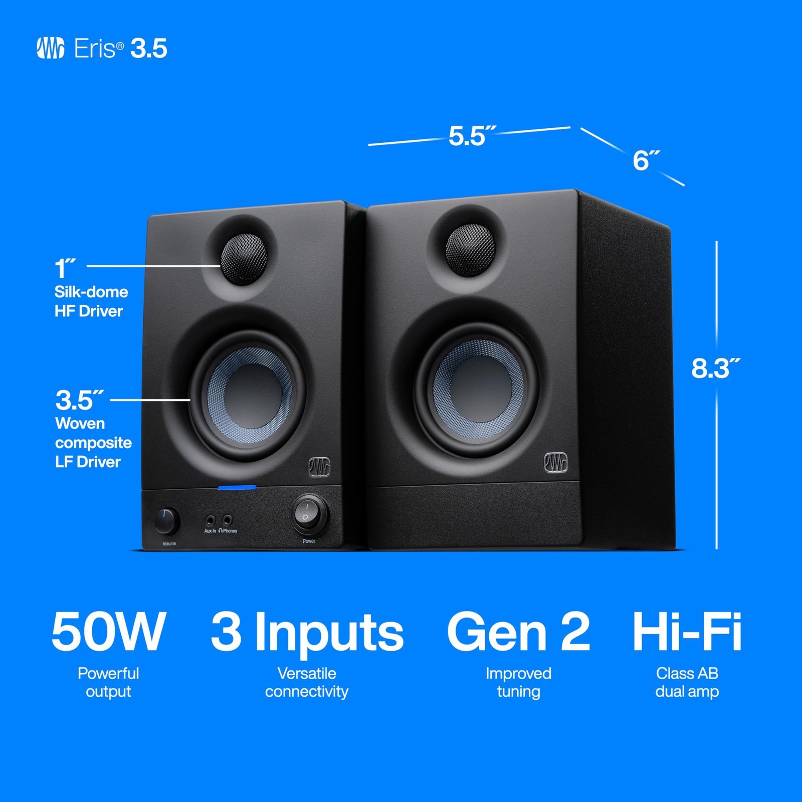 PreSonus Eris 3.5 2nd Gen HD Professional Studio Monitors with 3.5" Woven Composite Woofer, 1" Silk-Dome Tweeter, 50W Class AB Power and Tuning Controls (Auxillary) - Pair (Black) - Image 5