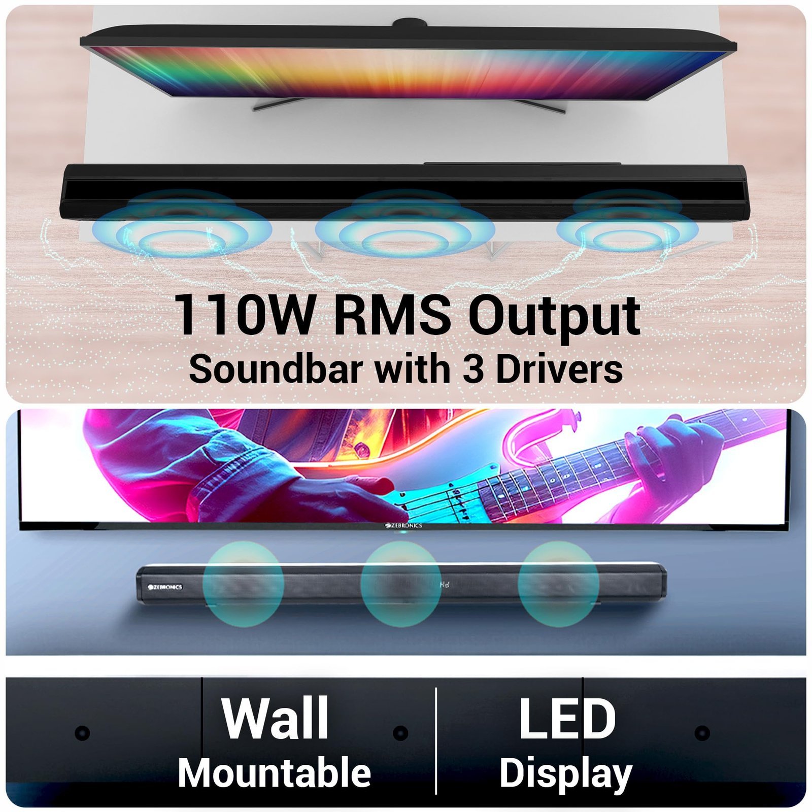 ZEBRONICS Juke BAR 7600 Soundbar, 300 Watts, 5.1 Surround, Dual Rear Satellites, Triple Driver Soundbar, 6.5"" Subwoofer, Bluetooth 5.0 | HDMI (ARC) | Optical | USB | AUX - Image 4